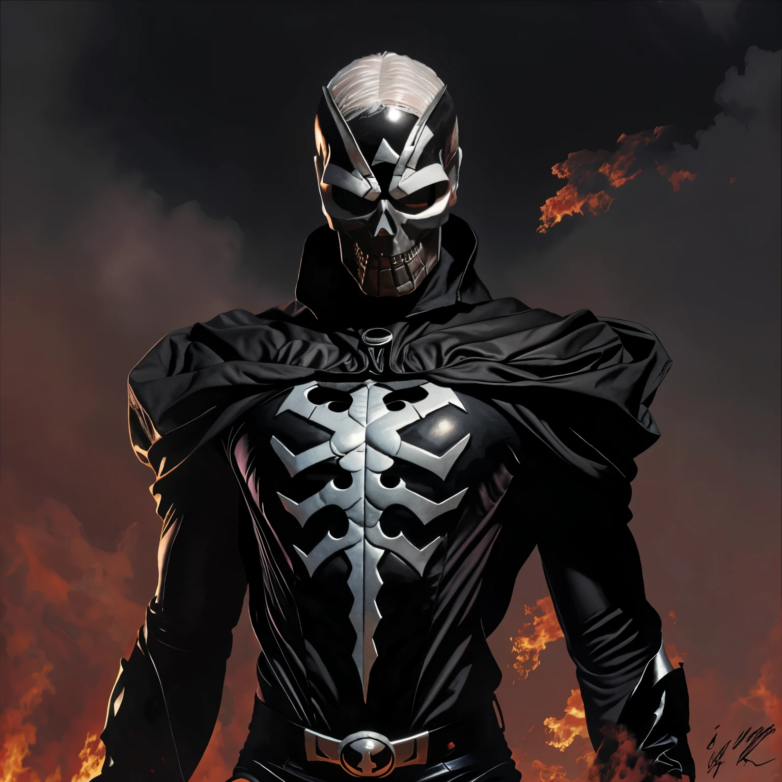 Superhero dressed in black with a skull face and white hair ART by Alex Ross 