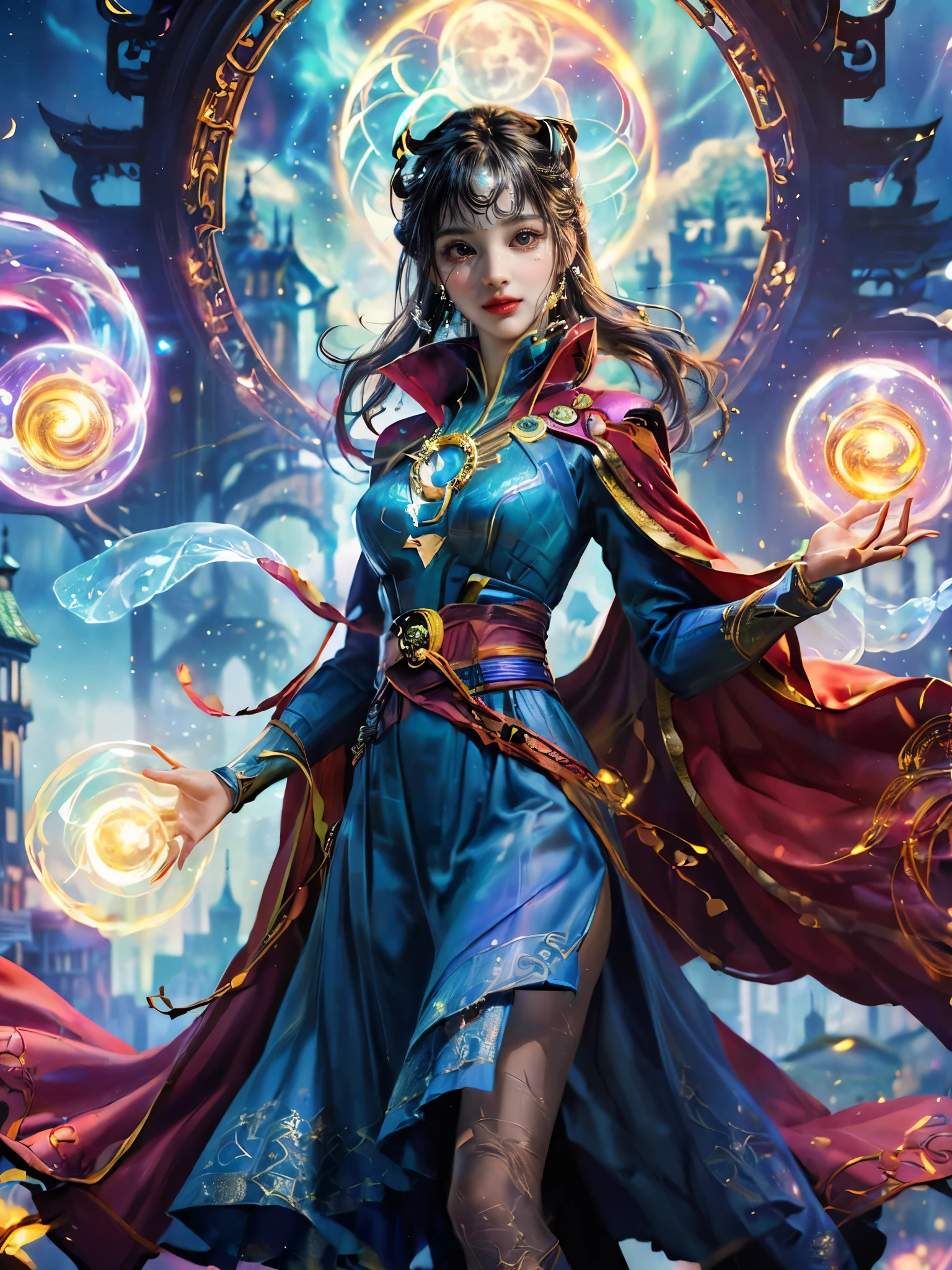 Sparkling, Marvel Universe Doctor Strange world, ((1 beautiful girl wearing Doctor Strange clothes: 1.2, sweet smile: 1.2)), the moon is empty, beautiful girl dressed as Doctor Strange, teaching wand, (hands wrapped around Magic light: 1.5), sky, full moon, fantasy magic style and other decorations, dreamy world, cute cartoon design style, Bubble Mart, bright colors, bright, 1.4 times realism, ultra-high definition, everything is displayed here in beautiful scene, (花卉水彩画:1.5), (Ultra high saturation, bright and vivid colors: 1.5), (nsfw), (Facing the viewer: 1.5)