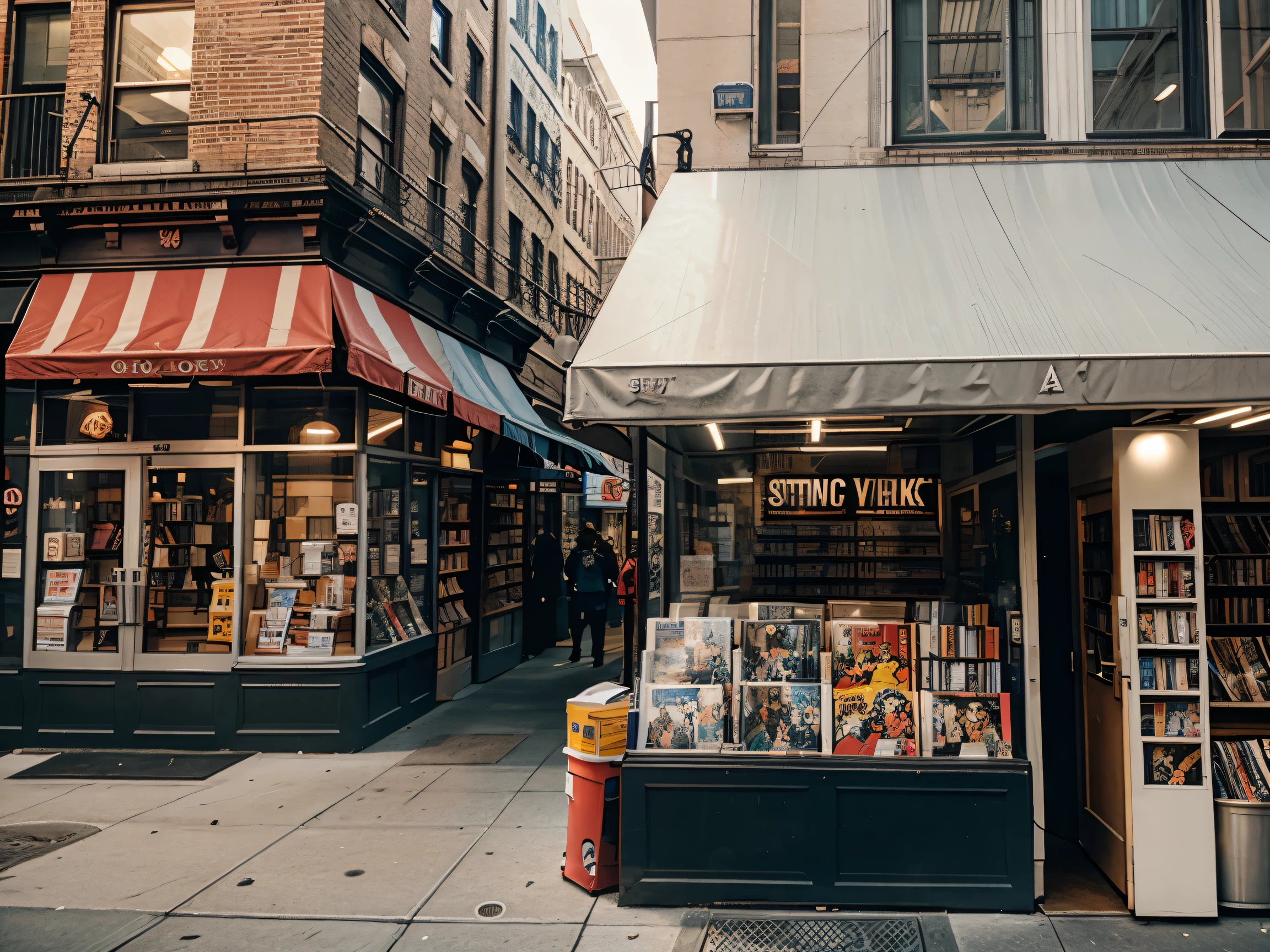 Hyper realistic new york, comic book shop, outside on street.