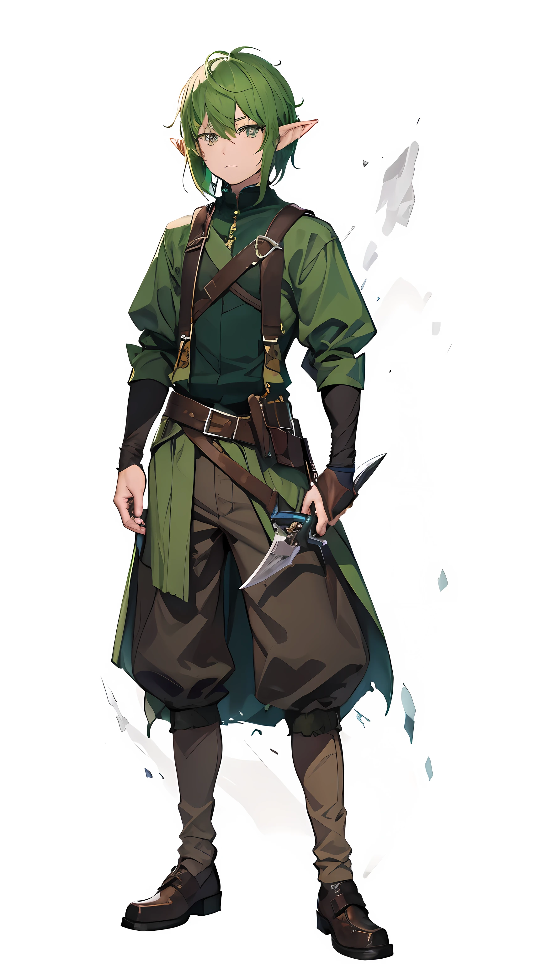 1boy,green hair, adventurer's brown shoes, holding a weapon, elf tribe, elf ears, man's frowning face, high resolution, high lighting , Cell sharing, standing pose