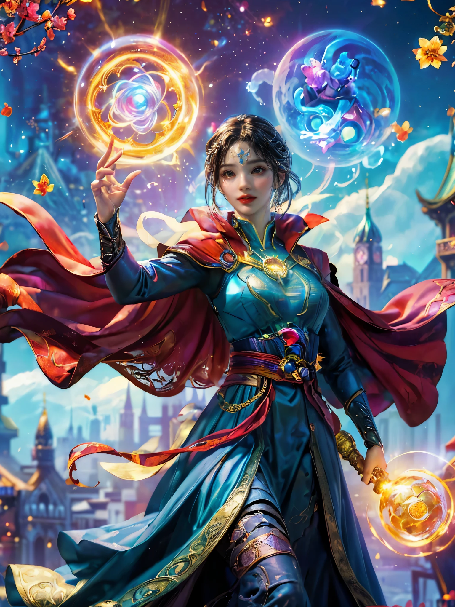 Sparkling, Marvel Universe Doctor Strange world, ((1 beautiful girl wearing Doctor Strange clothes: 1.2, sweet smile: 1.2)), the moon is empty, beautiful girl dressed as Doctor Strange, teaching wand, (hands wrapped around Magic light: 1.5), sky, full moon, fantasy magic style and other decorations, dreamy world, cute cartoon design style, Bubble Mart, bright colors, bright, 1.4 times realism, ultra-high definition, everything is displayed here in beautiful scene, (花卉水彩画:1.5), (Ultra high saturation, bright and vivid colors: 1.5), (nsfw), (Facing the viewer: 1.5)