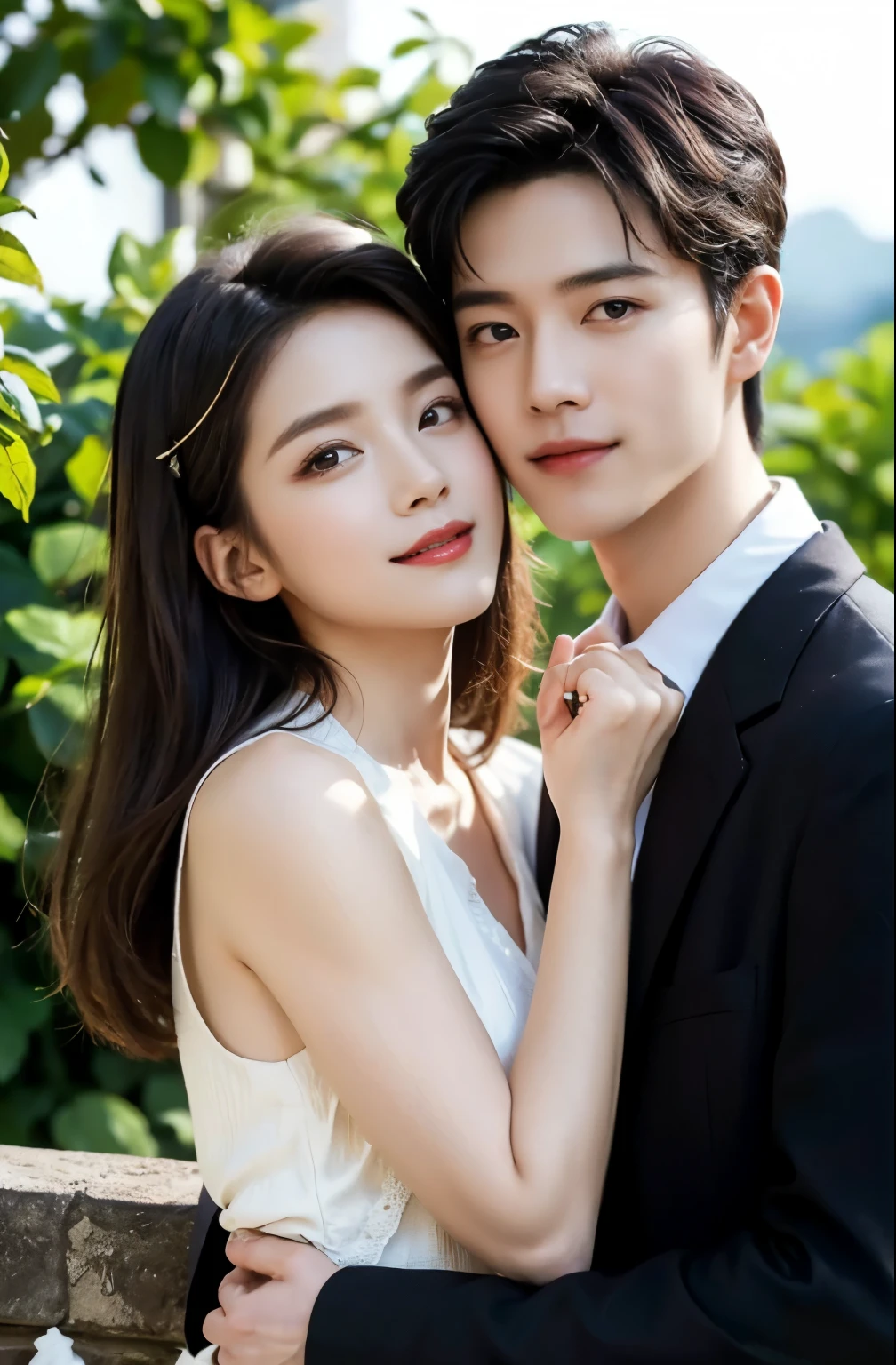 (best quality,4k,8k,highres,masterpiece:1.2),ultra-detailed,(realistic,photorealistic,photo-realistic:1.37),Asian man,Handsome,couple,happy,loving,garden,beautiful detailed eyes,beautiful detailed lips,smiling faces,natural sunlight,romantic atmosphere,gentle breeze,colorful flowers,relaxed posture,modern fashion,stylish outfits,blending harmoniously,soft shadows,vivid colors,portrait photography,warm color tones,subtle bokeh,positive emotions,affectionate expressions,stylish poses,close companionship,meaningful connection
