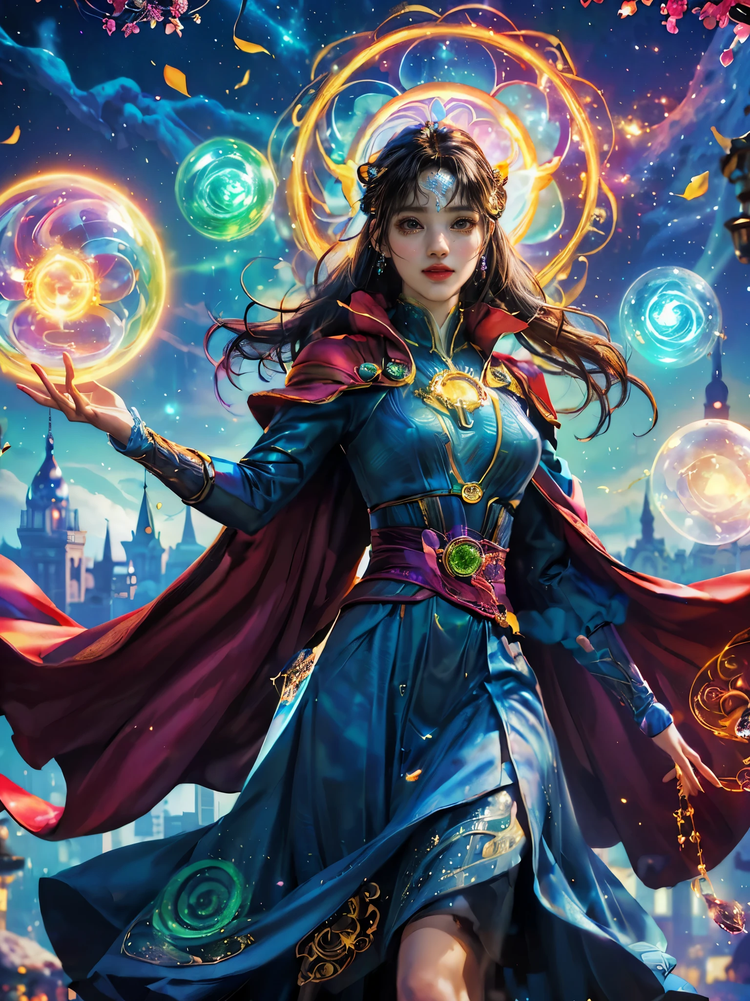 Sparkling, Marvel Universe Doctor Strange world, ((1 beautiful girl wearing Doctor Strange clothes: 1.2, sweet smile: 1.2)), the moon is empty, beautiful girl dressed as Doctor Strange, teaching wand, (hands wrapped around Magic light: 1.5), sky, full moon, fantasy magic style and other decorations, dreamy world, cute cartoon design style, Bubble Mart, bright colors, bright, 1.4 times realism, ultra-high definition, everything is displayed here in beautiful scene, (花卉水彩画:1.5), (Ultra high saturation, bright and vivid colors: 1.5), (nsfw), (Facing the viewer: 1.5)