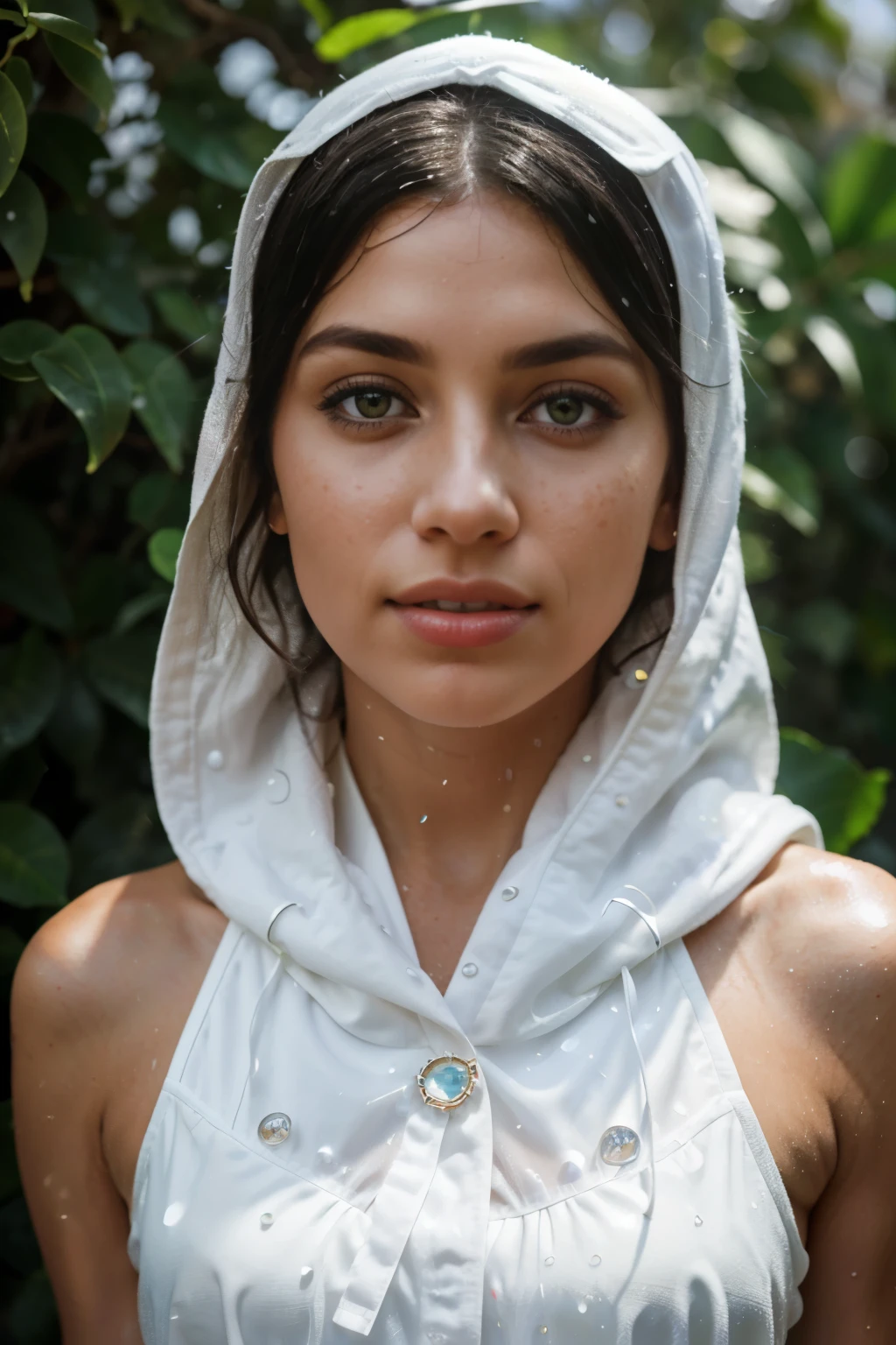 A close-up image of a Persian woman, adorned with freckles scattered across her captivating face, dons a unique white hooded sun dress made from clear plastic. The setting unfolds amongst lush foliage, with the warm, beautiful sunlight casting intricate shadows that add to the image's depth. This hyper-realistic color photo, expertly captured by Mads Berg using the Sony a7000, invites focus on the girl's enchanting features. With her eyes gleaming green, her white teeth are visible beneath the white-colored water droplets that gracefully drip from her mouth during the rain, adding a sensual allure to the scene.