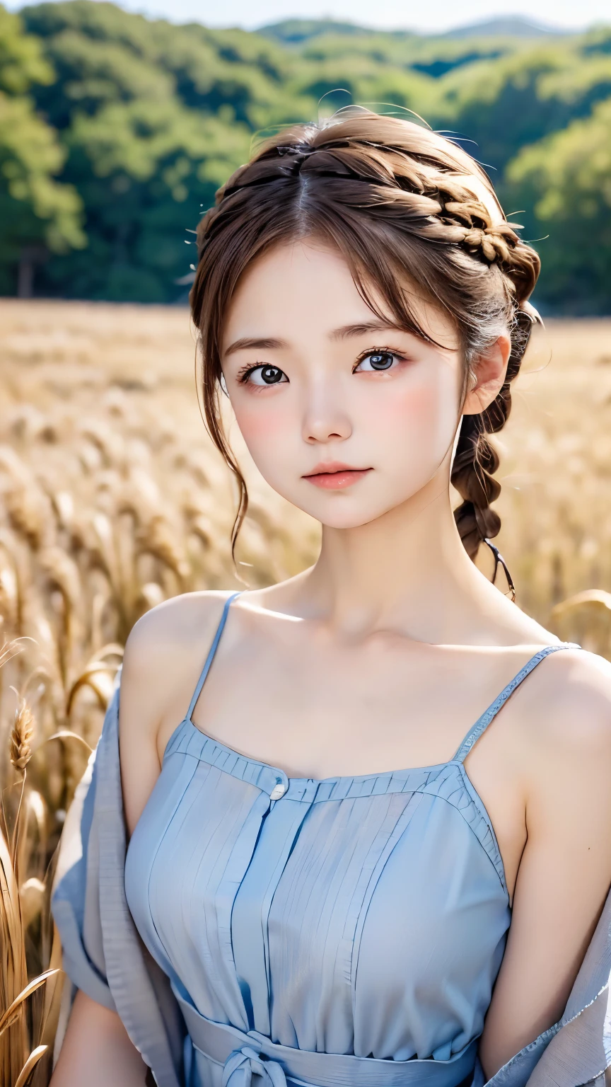 one woman、cute face、Rin々new expression、Japanese、charming eyes、Cream hair、french braid、18 years old、gray eyes、camisole dress、blue outerwear、outdoor、Rinとした佇まい、Wheat field