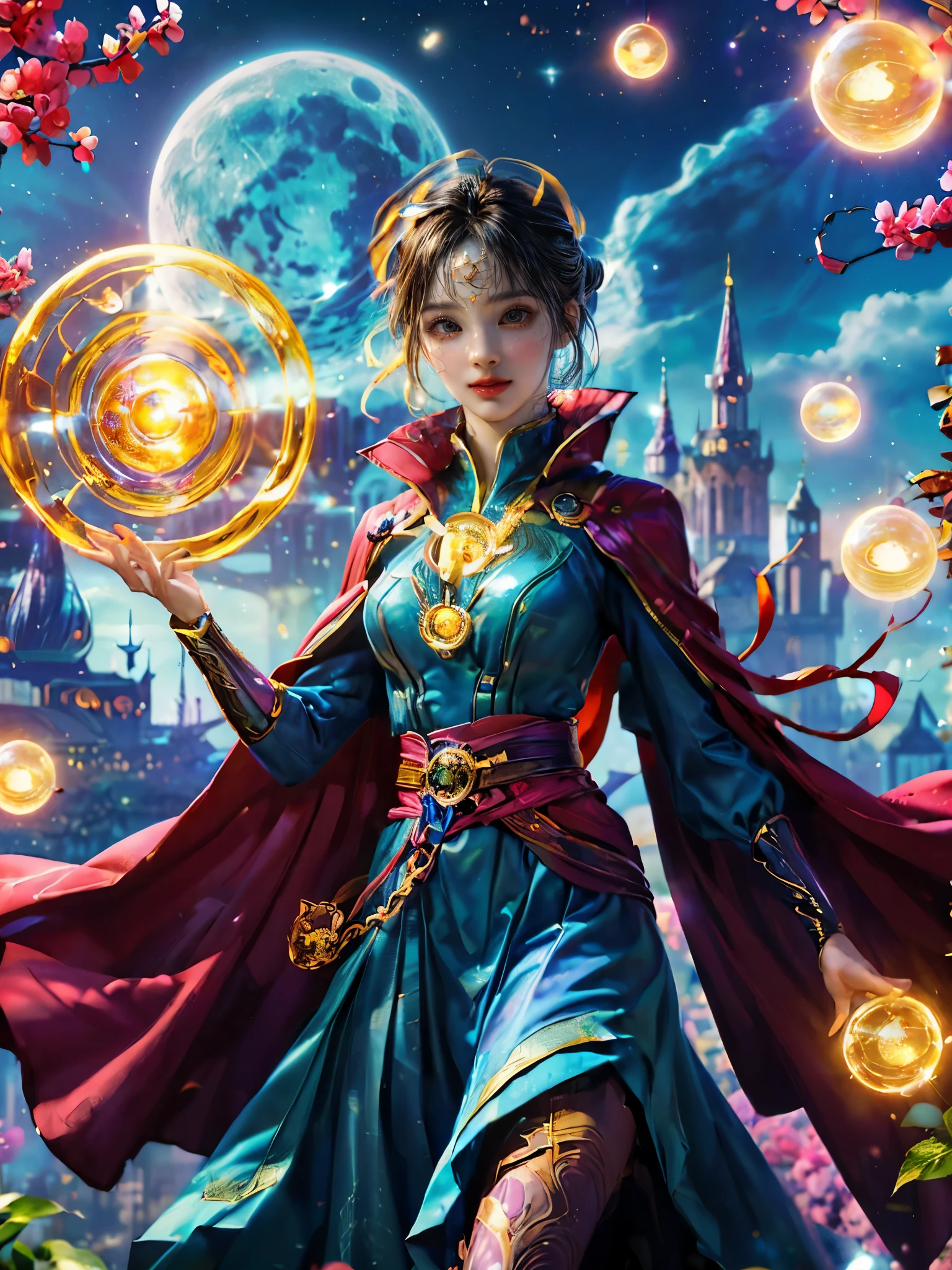 Sparkling, Marvel Universe Doctor Strange world, ((1 beautiful girl wearing Doctor Strange clothes: 1.2, sweet smile: 1.2)), the moon is empty, beautiful girl dressed as Doctor Strange, teaching wand, (hands wrapped around Magic light: 1.5), sky, full moon, fantasy magic style and other decorations, dreamy world, cute cartoon design style, Bubble Mart, bright colors, bright, 1.4 times realism, ultra-high definition, everything is displayed here in beautiful scene, (花卉水彩画:1.5), (Ultra high saturation, bright and vivid colors: 1.5), (nsfw), (Facing the viewer: 1.5)