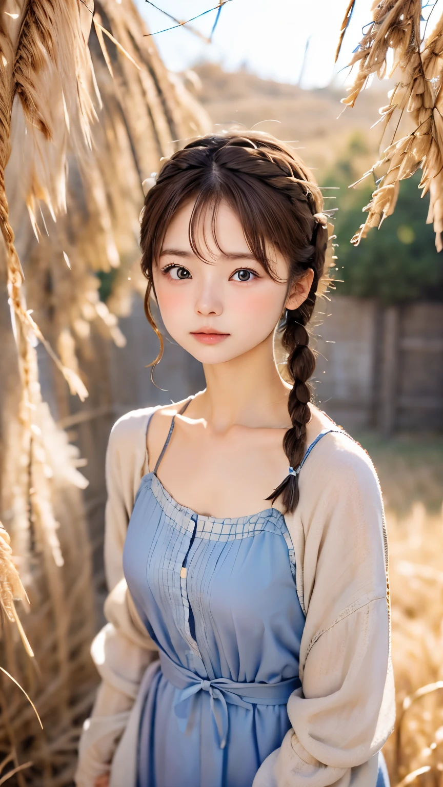 one woman、cute face、Rin々new expression、Japanese、charming eyes、Cream hair、french braid、18 years old、gray eyes、camisole dress、blue outerwear、outdoor、Rinとした佇まい、Wheat field