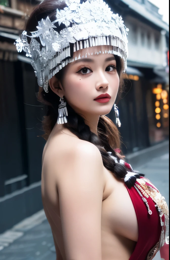 （8k，RAW photos，best quality，masterpiece：1.2））35mm，Ultra high detail，professional lighting，best quality，ultra high resolution，Visually stunning，（1girll：1.1），（Miao costume and headgear），real human skin，（Perfect body 1.3）super delicate face。