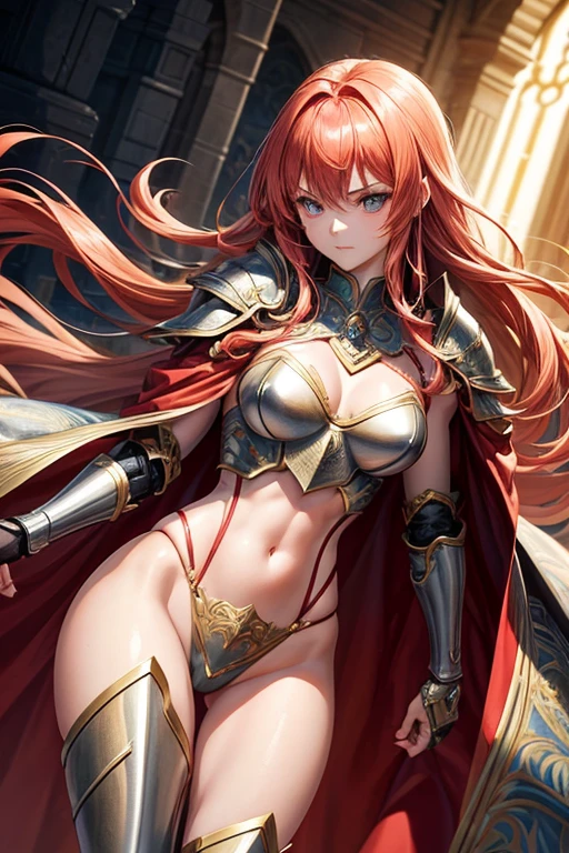 Design a full-body anime-style female character inspired by a medieval knight. This redhead warrior has long, silky hair that falls in waves to the middle of her back. Her almond-shaped eyes shine an intense golden color, reflecting her bravery and determination. She wears an erotic and elegant tight-fitting micro bikini-style heavy armor typical of the anime. The polished metal of her armor stands out, decorated with intricate engravings that tell the story of her exploits. A red cloak flutters gracefully from her shoulders, symbolizing her courage in battle. At her waist, she carries a finely forged sword, wielded with confidence. Her mischievous and determined look on her face shows that she is a skilled and cunning warrior. Despite her strong appearance, she also displays traits of femininity in small details, such as delicate ornaments on her armor and jewels that shimmer in the light. The design of this character seeks to balance the strength of a warrior with the grace and elegance of the anime style, thus creating a unique and memorable figure.