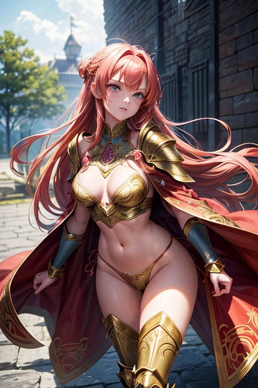 Design a full-body anime-style female character inspired by a medieval knight. This redhead warrior has long, silky hair that falls in waves to the middle of her back. Her almond-shaped eyes shine an intense golden color, reflecting her bravery and determination. She wears an erotic and elegant tight-fitting micro bikini-style heavy armor typical of the anime. The polished metal of her armor stands out, decorated with intricate engravings that tell the story of her exploits. A red cloak flutters gracefully from her shoulders, symbolizing her courage in battle. At her waist, she carries a finely forged sword, wielded with confidence. Her mischievous and determined look on her face shows that she is a skilled and cunning warrior. Despite her strong appearance, she also displays traits of femininity in small details, such as delicate ornaments on her armor and jewels that shimmer in the light. The design of this character seeks to balance the strength of a warrior with the grace and elegance of the anime style, thus creating a unique and memorable figure.