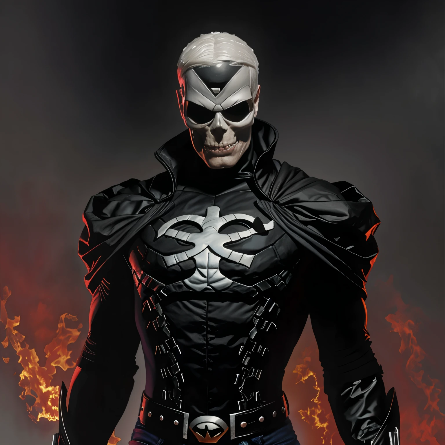 Superhero dressed in black with a skull face and white hair ART by Alex Ross 