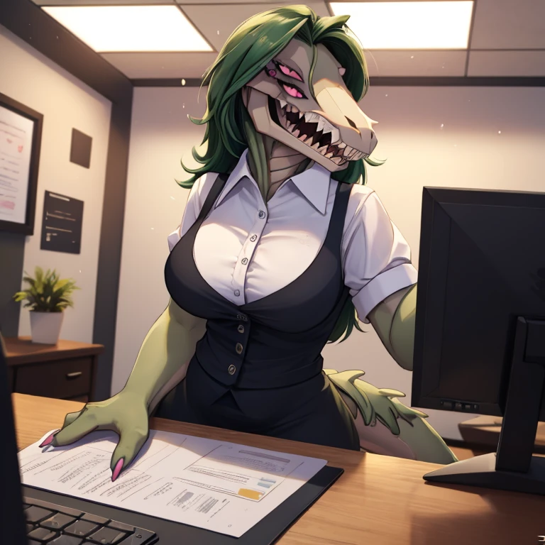 Female, solo, reptilian, voluptuous body, tall, sitting, very dark green scales, reptilian face, exposed jaw bone, long reptile snout, decaying face, boney face, sharp teeth, clawed fingers, dark green hair, decaying body, exposed bones, pink eyes, laughing, happy, joyful, secretary uniform, office space