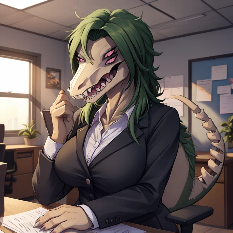 Female, solo, reptilian, voluptuous body, tall, sitting, very dark green scales, reptilian face, exposed jaw bone, long reptile snout, decaying face, boney face, sharp teeth, clawed fingers, dark green hair, decaying body, exposed bones, pink eyes, laughing, happy, joyful, secretary uniform, office space