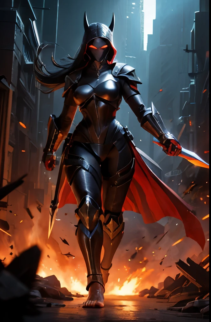 Supervillian, woman, face mask, armory background, illuminated, white light, full body, weapons, futuristic, red, high detailed, posing for battle, blades, explosions, high detail, black leather, barefoot