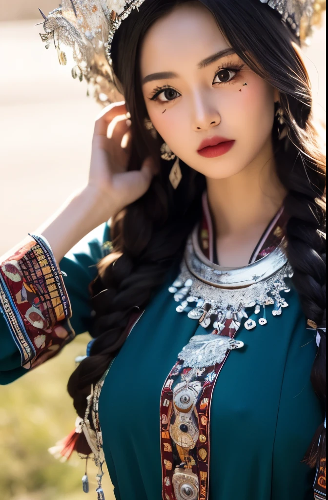 (8k,RAW photos,best quality,masterpiece:1.2))35mm,Ultra high detail,professional lighting,best quality,ultra high resolution,Visually stunning,(1girll:1.1),(Miao costume and headgear),real human skin,(Perfect body 1.3)super delicate face。
