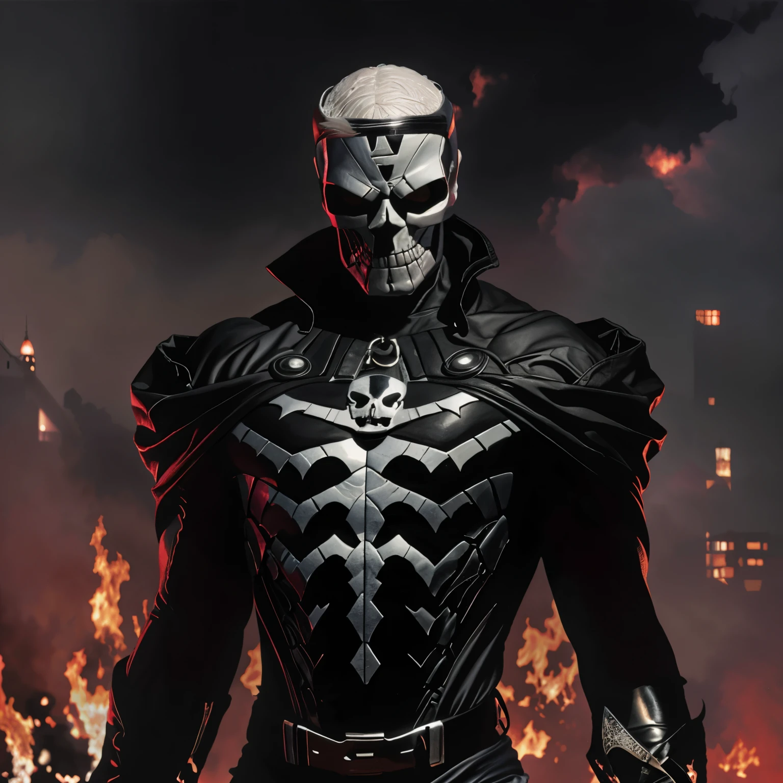 Superhero dressed in black with a skull face and white hair ART by Alex Ross 