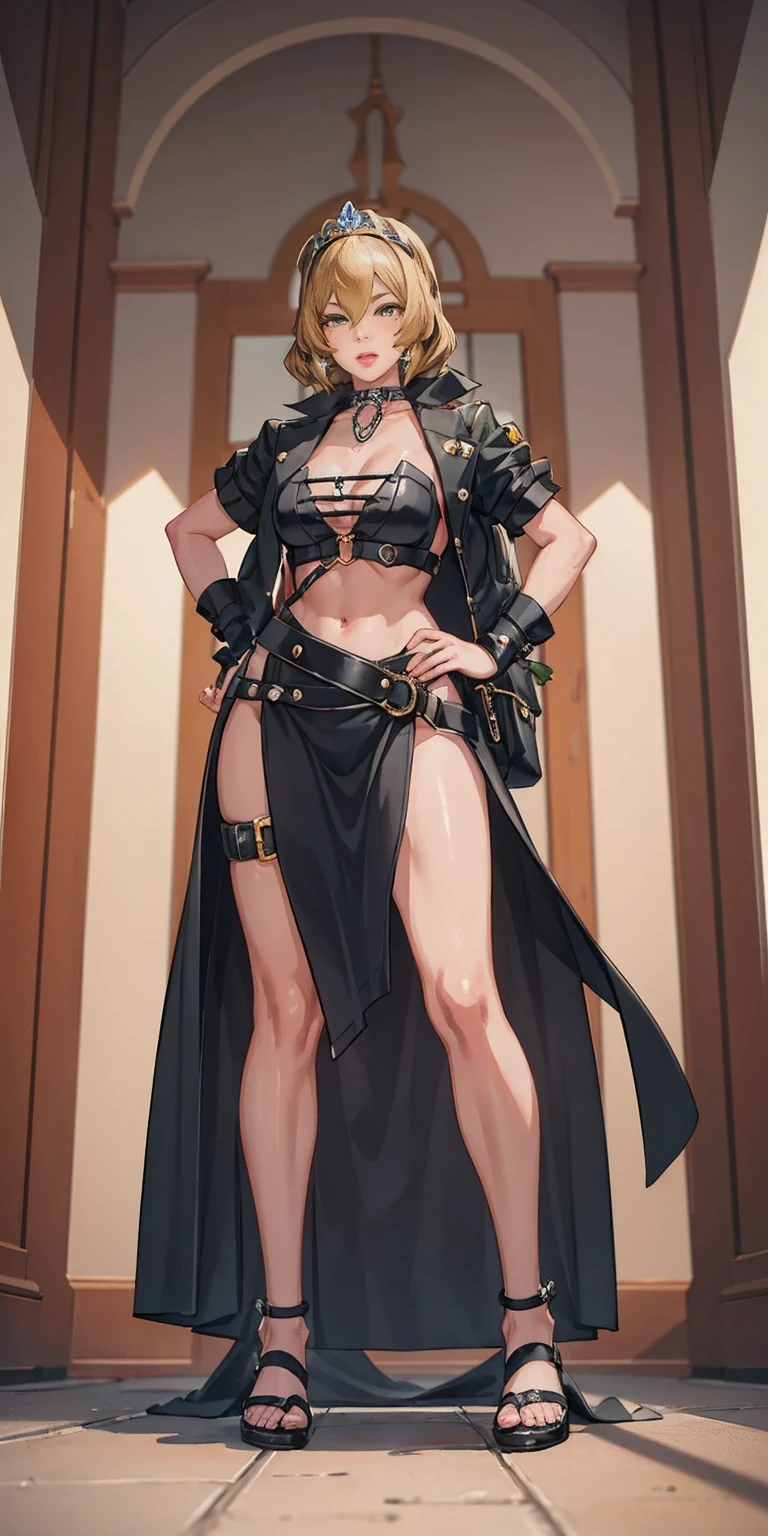 full body, barefoot, solo, female, big breast ,linen tunic, fantasy village, armor, Handcuffs on their hands, With a collar around the neck, hands on hips, slave, ((black choker, shackles on legs and arms))
