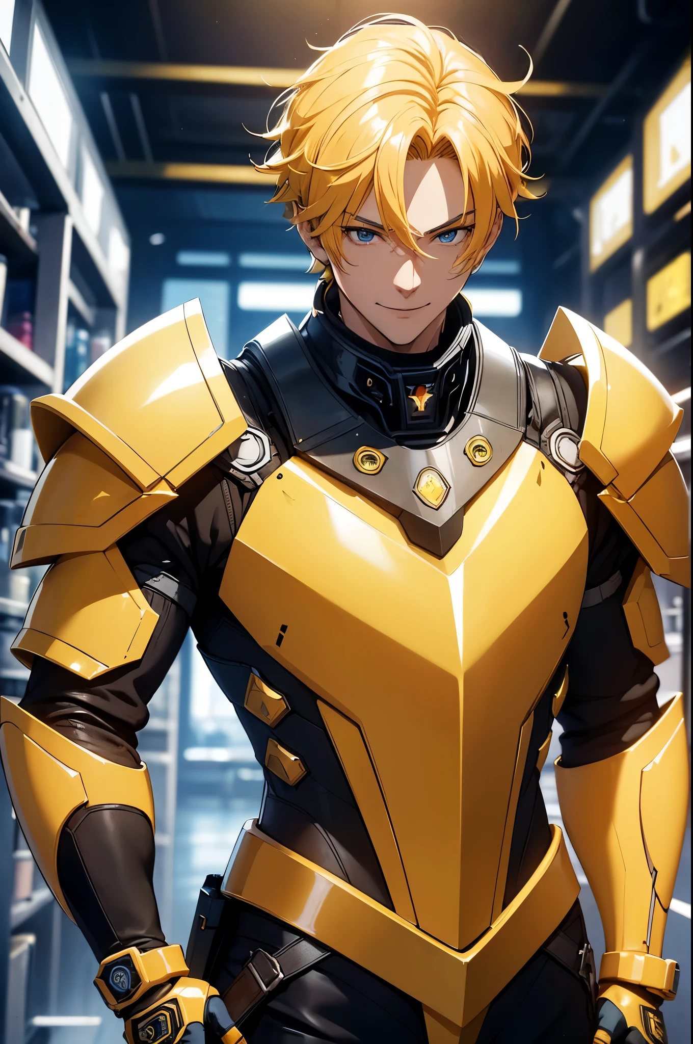 (masterpiece, Best Quality, absurdres, 8K resolution), raytracing, depth of field, Hyper Detailed, anime, ((Solo Boy)), Seductive smile, libido boy, yellow hair, yellow, Detailed face, Handsome face, blue eyes (((yellow armor, science fiction))), (charming smile), (((background is hot desert))),（neonlight, Vibrant glow, Dynamic color, Vivid Contrast, Futuristic atmosphere, shiny reflective surfaces), cowboy shot, looking at viewer, standing upfront, upper body, 