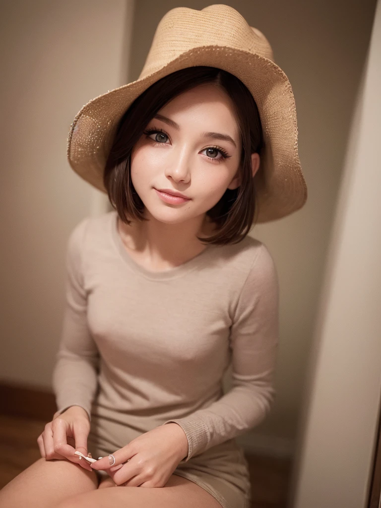 ((Best quality, 8k, Masterpiece :1.3)), 1girl,nude,imminent kiss,Pretty woman, Super Short Hair,Big Laugh,Long Sleeve,Ultra-detailed face, cute eyes, Double eyelid,Cowboy Shot,Sitting