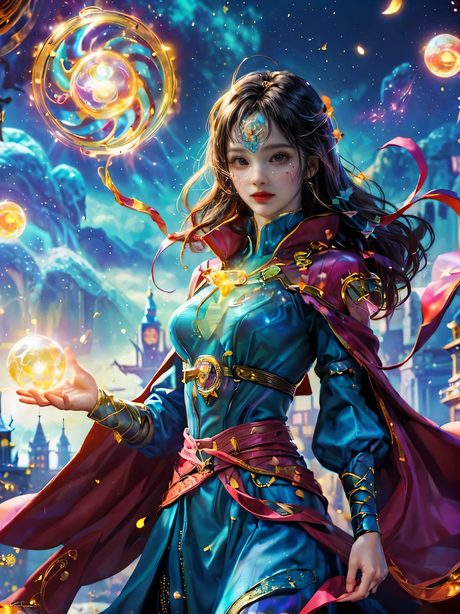 Sparkling, Marvel Universe Doctor Strange world, ((1 beautiful girl wearing Doctor Strange clothes: 1.2, sweet smile: 1.2)), the moon is empty, beautiful girl dressed as Doctor Strange, teaching wand, (hands wrapped around Magic light: 1.5), sky, full moon, fantasy magic style and other decorations, dreamy world, cute cartoon design style, Bubble Mart, bright colors, bright, 1.4 times realism, ultra-high definition, everything is displayed here in beautiful scene, (花卉水彩画:1.5), (Ultra high saturation, bright and vivid colors: 1.5), (nsfw), (Facing the viewer: 1.5)