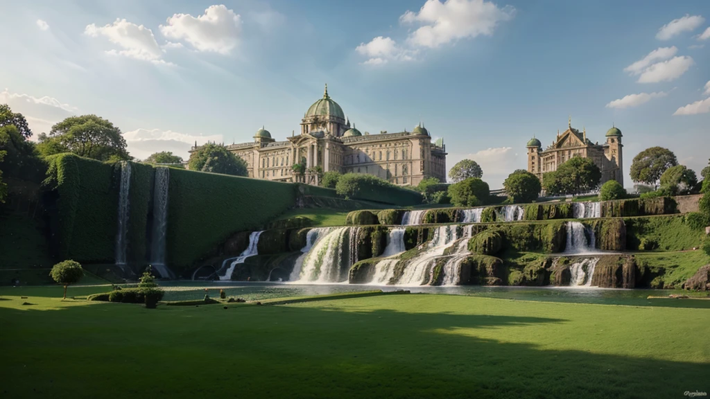 green grass carpet and royal palace in background and waterfall rajsthani touch hig resolution 