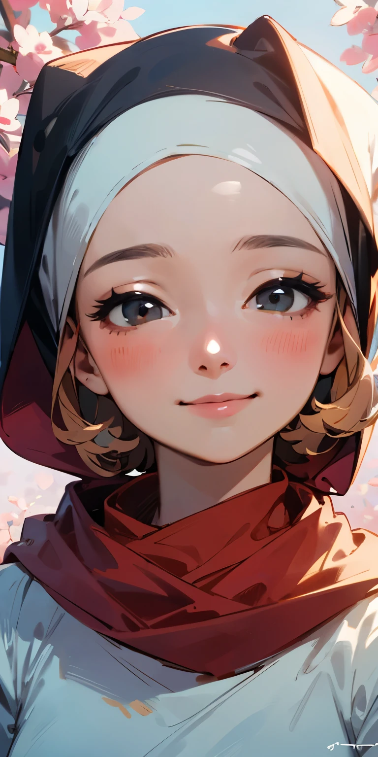 (top quality, masterpiece, ultra-realistic), one beautiful delicate portrait of a girl with hijab, smiling, soft and peaceful expression, squinting eyes full of joy, the background landscape is a garden with petals and puffs flying around. --v6