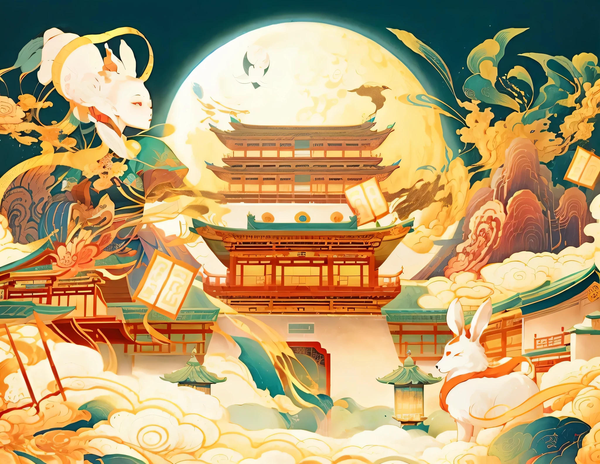 There is a Chinese landscape painting with a moon, A beautiful artwork illustration, Official artwork, author:Jeka Kemp, illustrative art, jen bartel, author:Ni Zan, japanese art on behance, Illustration art, illustration », chinese surrealism, illustratio, Chinese fantasy, By Ni Duan, victo ngai! cmyk palette