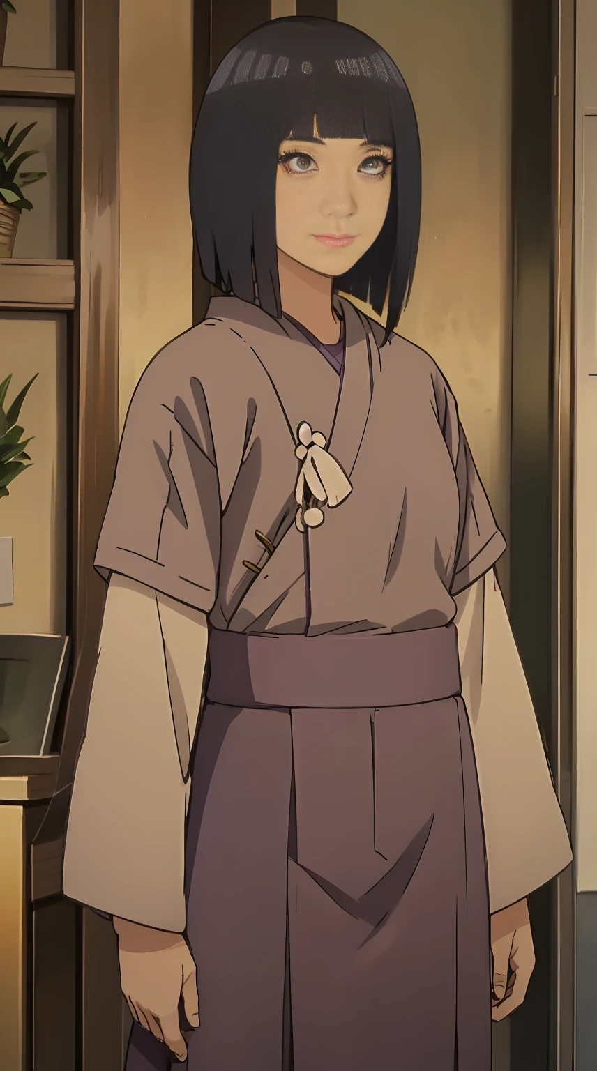 Hinata ,Tall woman, long black hair, purple eyes, smirk, samurai clothes, sheathed katana, masterpiece, high quality