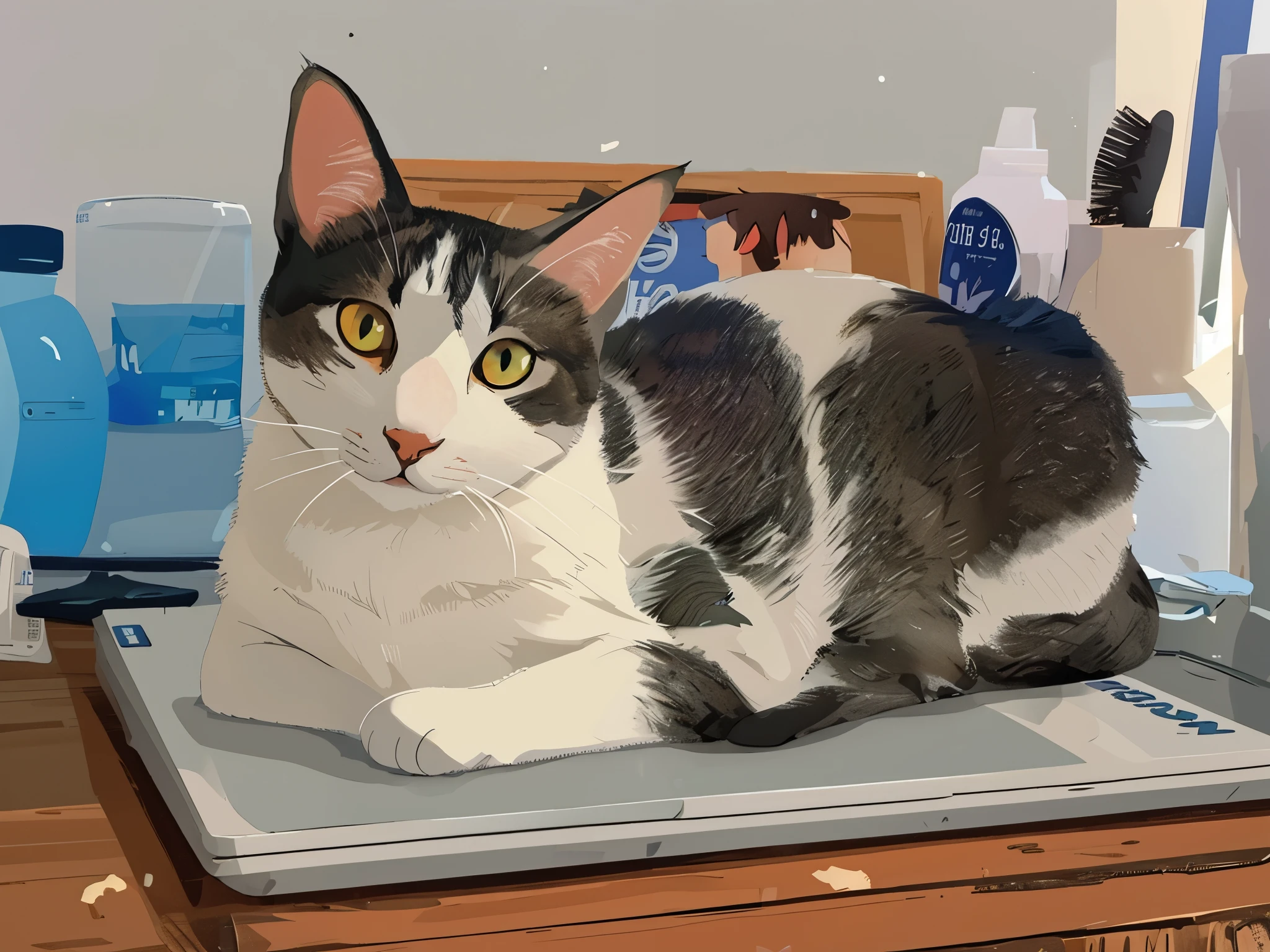 there is a cat that is laying on a laptop on a desk, calico cat, calico, taken in the early 2020s, full device, proud looking, photograph of april, cattie - brie of mithril hall, very silly looking, frontal pose, cat female with a whit and chest, looking away from camera, doing an elegant pose, Anime style,