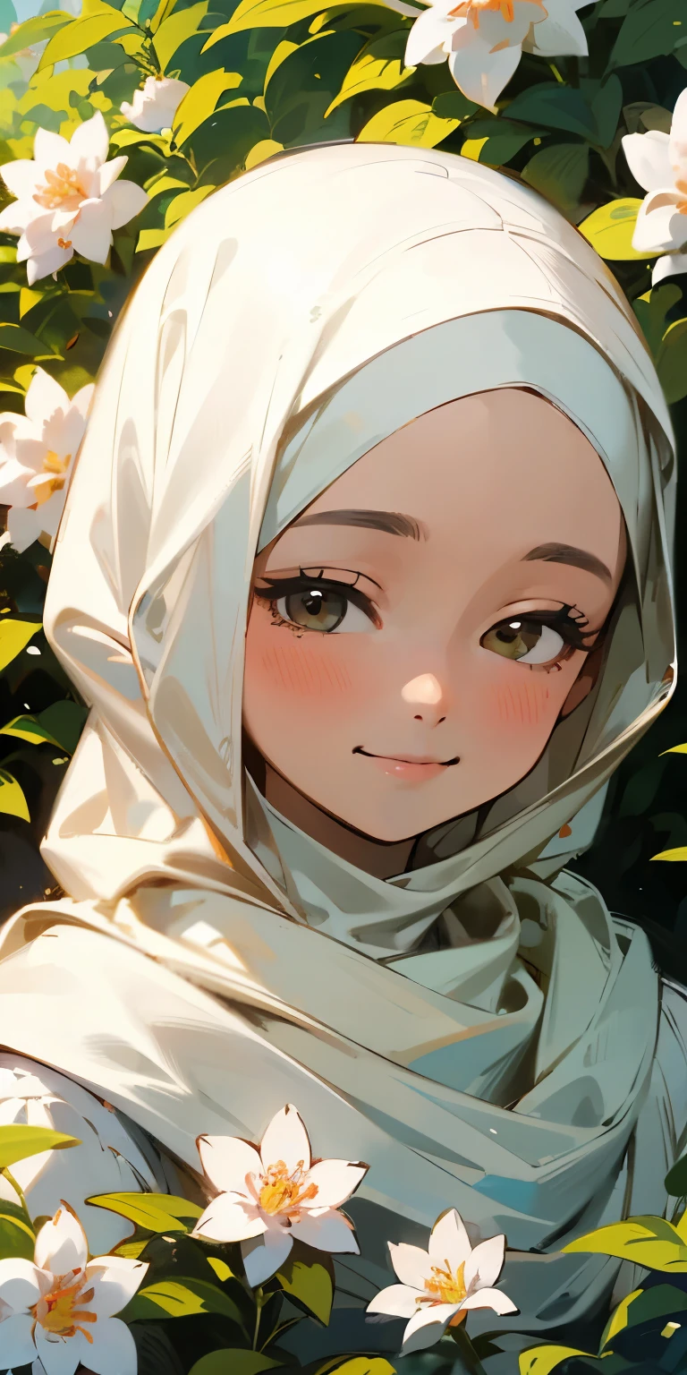 (top quality, masterpiece, ultra-realistic), one beautiful delicate portrait of a girl with hijab, smiling, soft and peaceful expression, squinting eyes full of joy, the background landscape is a garden with petals and puffs flying around. --v6