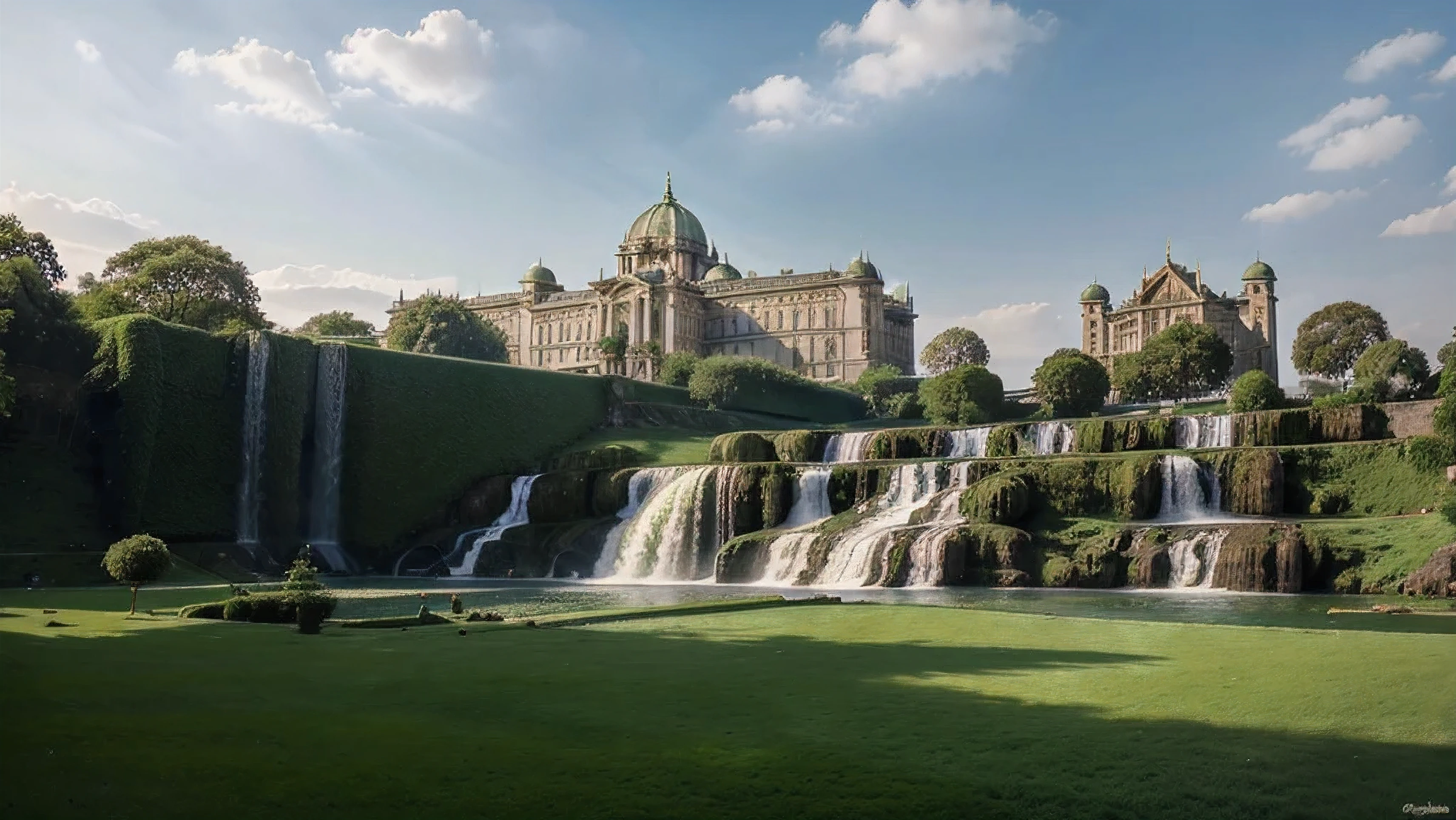 green grass carpet and royal palace in background and waterfall rajsthani touch hig resolution