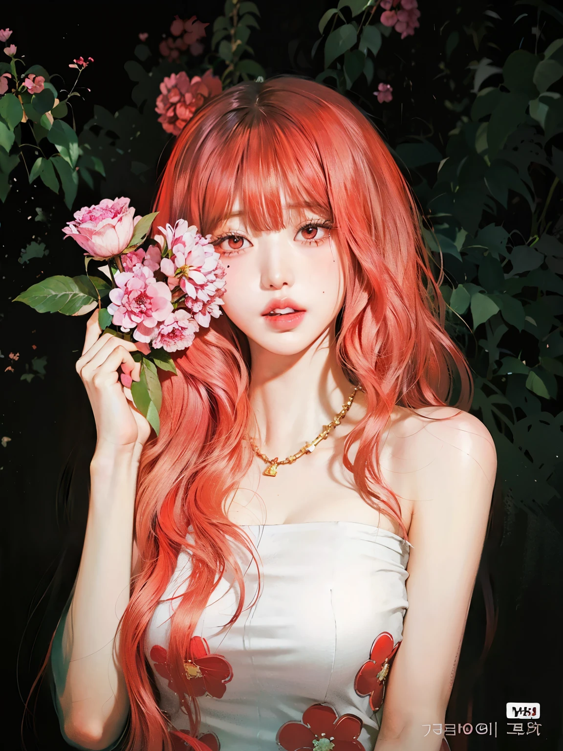 Mujer arafed con cabello rojo sosteniendo una flor rosa frente a su cara., ulzzang, ella tiene el pelo largo y renaranjado, con el pelo largo y rojo, con cabello rosado, cabello rosado, pale red, pelo liso rosa, Lalisa Manoban de Blackpink, coral brown hair, pelo largo y rosa que fluye, kim doyoung, Estilo de color rosa y rojo