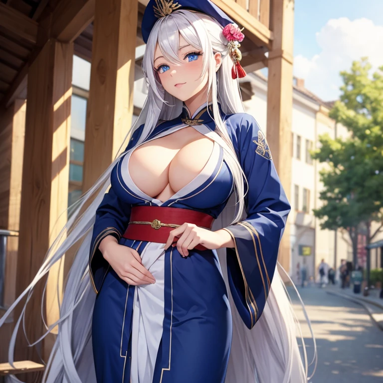 Long white hair, beautiful blue eyes, , large breasts, human, kimono,