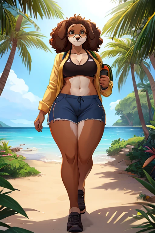 furry female, open_shirt sports_bra curvy canine dog glasses circle_glasses female floppy_ears spaniel 1girl dog_ears dark_brown_fur curly_hair anthro tropical island rays_of_light athletic_shorts ripped_clothes fluffy_tail, big_tail sfw walking attractive fit backpack jungle looking away