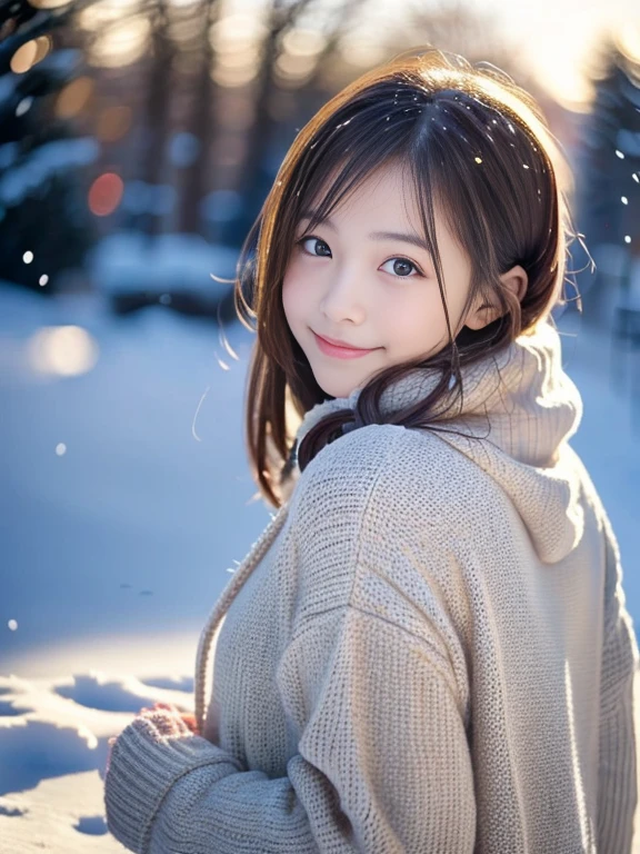 girl with, Snowy landscape, Winter wonderland, Cute and innocent look, rosy cheeks, Sparkling eyes, warm winter clothes, Poses in motion、footsteps in the snow, Falling snowflakes, Frosty tree, Snowy ground, soft snow texture, gentle and delicate lighting, Pastel color palette, dreamy ambiance, quirky and magical, A masterpiece of high resolution:1.2, Ultra-detailed, Realistic:1.37, Vivid colors, Bokeh、innocent smiles、Hair that flutters in the wind、Face Close-up、Rear view
