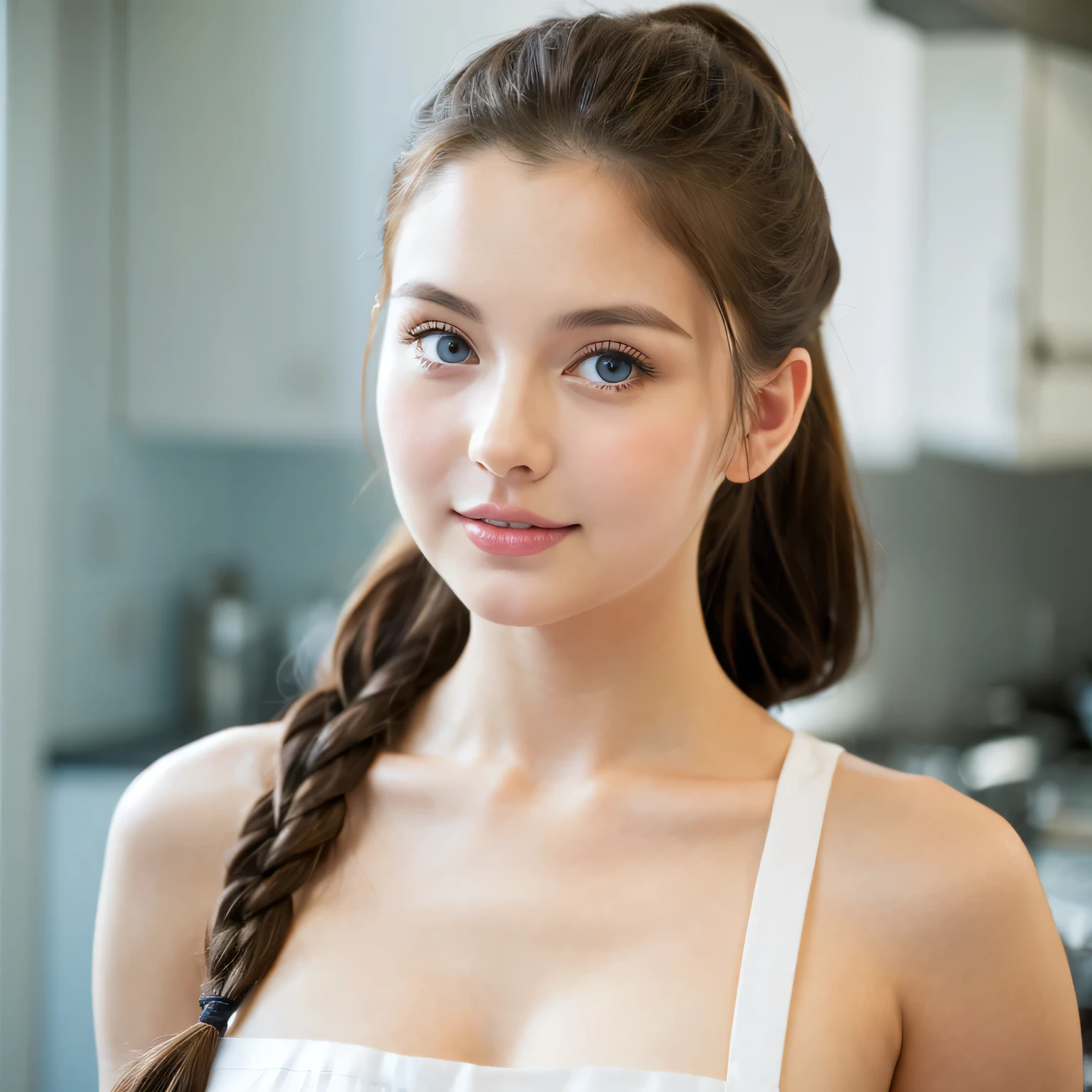 naked apron、Apron that hangs from the neck to protect the chest、young beautiful white woman、19 years old、Emphasize sideboob、Ponytail、plump face、clear blue eyes、narrow mouth、thick parted lips、Gently stare at the camera、Photographed from directly below、High resolution、8K、