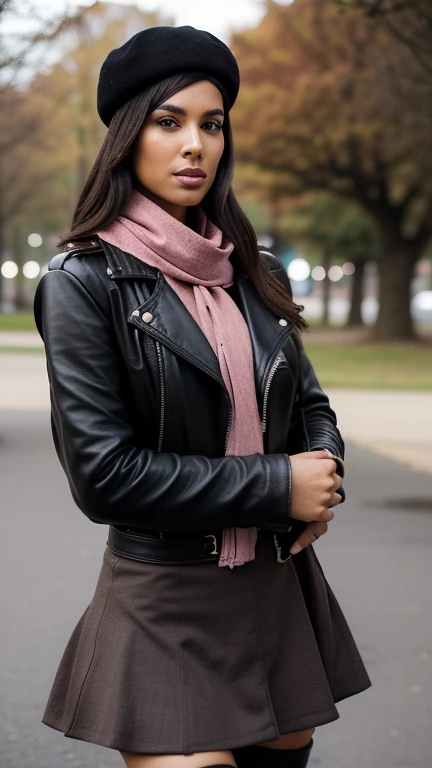 woman wearing a biker jacket, black beret, pink scarf, high boots, leather backpach, while is in a park, aw-dropping beauty, jaw dropping beauty, attractive face and body, attractive woman, a gorgeous beautiful dark brown haired girl, lovely black woman, gorgeous black woman, gorgeous beautiful black woman, beautiful female, beautiful body and face