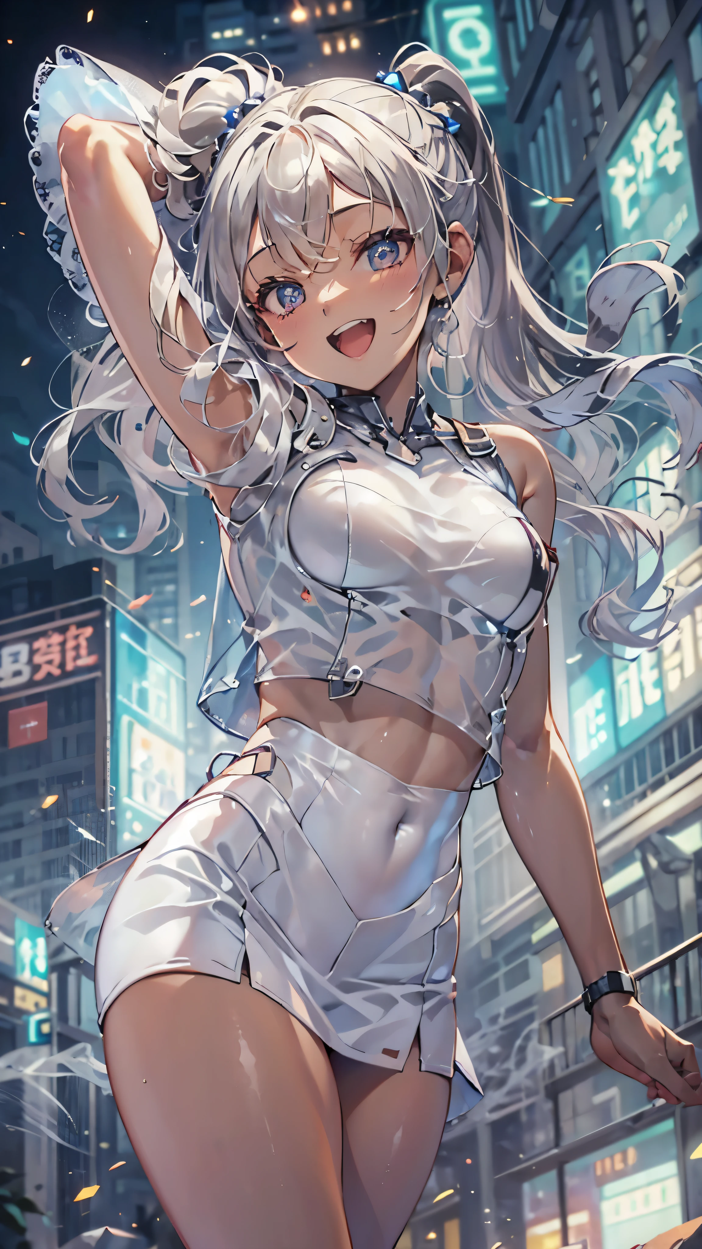 woman,,,city,night,(((white tight miniskirt bodysuit))),,open mouth smile((See-through))Glasses,((Beautiful long ponytail)),((baby girl bohape))