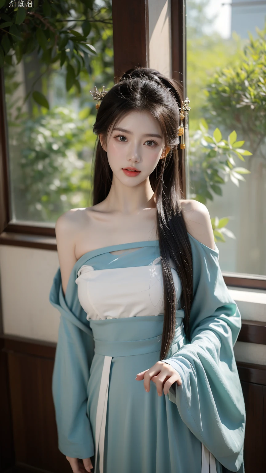 (18-year-old Chinese fashion female model),panoramic,Shoulder,perfect eyes,perfect iris,perfect lips,perfect teeth,perfect skin,White skin,soft headlights,Front light,Chinese girl,Yarn(Colorful Hanfu),(chinese woman';hairstyle),(Various dynamic poses),Background Chinese interior,Green trees outside the window,MUCH QUALITY,masterpiece,ultra high resolution,(lifelike:1.4),original photo(Super lifelike details), best quality