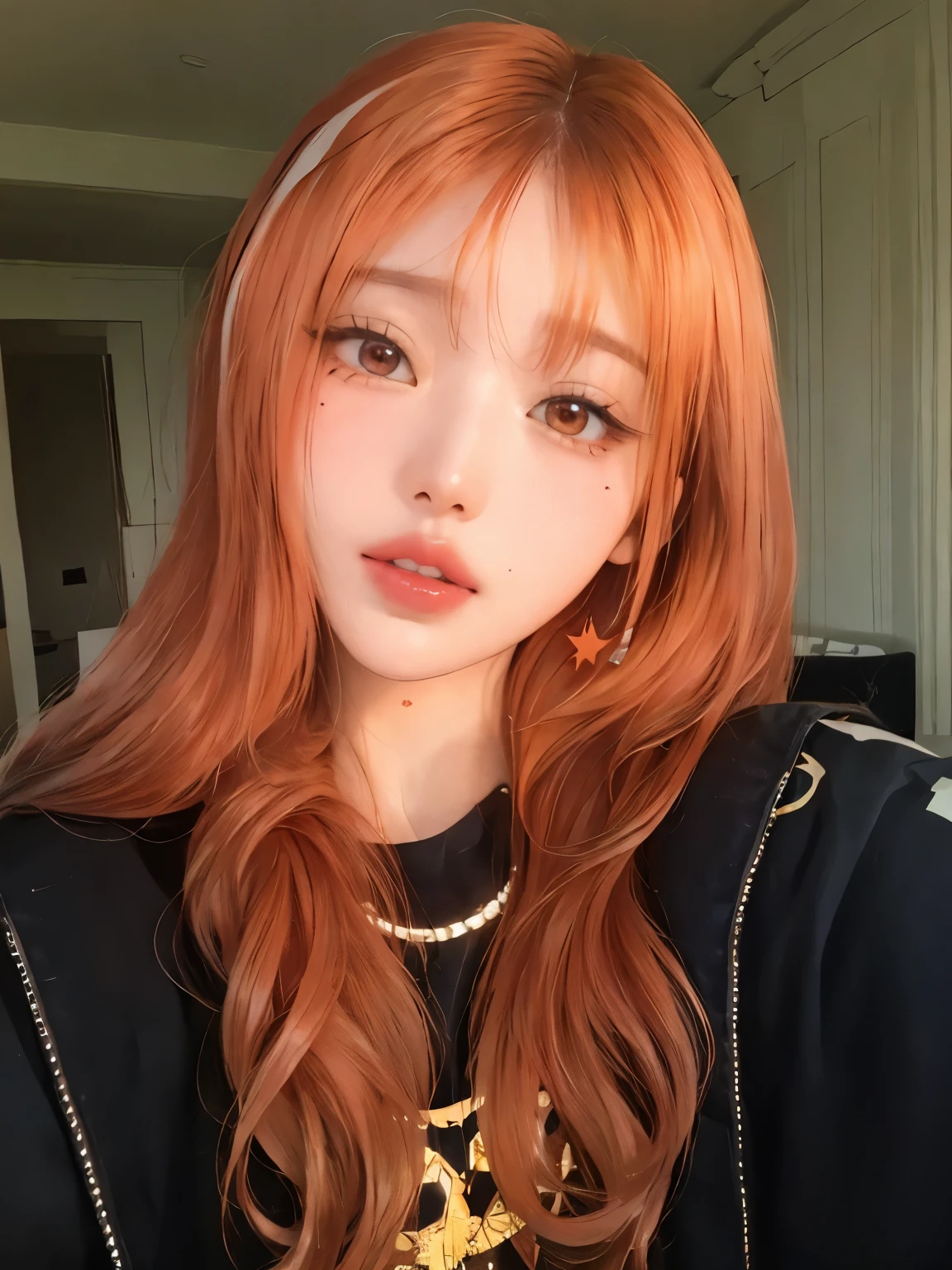 un primer plano de una mujer con el pelo largo y rojo que llevaba una chaqueta negra, she has long redpelo naranja, ulzzang, maquillaje coreano popular, maquillaje popular de corea del sur, cabello naranja brillante, She has long orange-brown hair., Lalisa Manobal, coral brown hair, pelo naranja, long pelo naranja, glowing peach face, el corte de hime