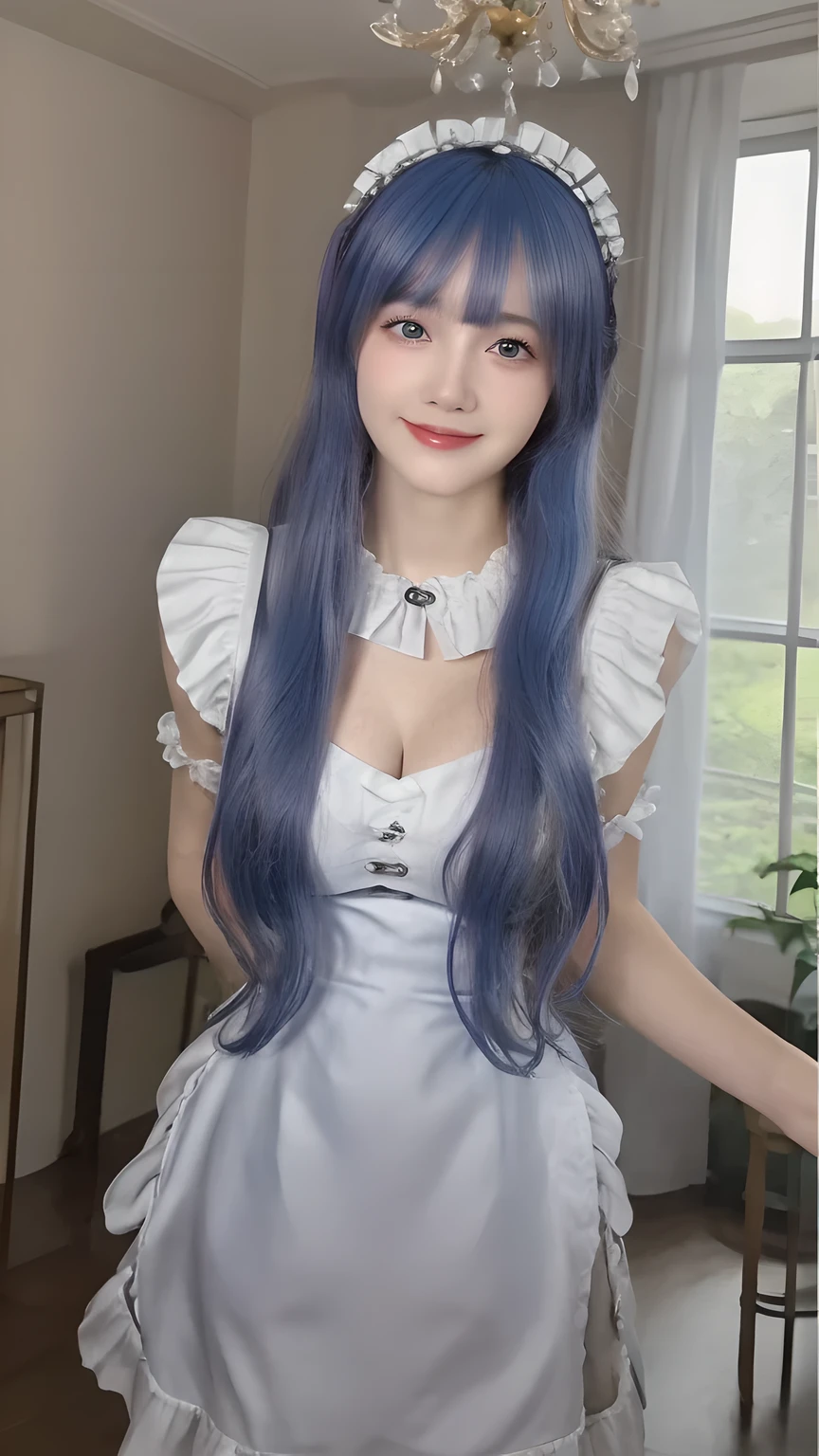 (masterpiece:1.2),best quality,high resolution,unity 8k wallpaper,(illustration:1),perfect lighting,extremely detailed CG, finely detail,extremely detailed,soft lighting and shadow,soft yet striking lighting,film grain:1.2,(skin pores:1.2),(detailed skin texture:1),((solo:1.5)),Detailed face,(see-through:1.1),misty,Low Key:1.1,depth of field, 1girl, solo, rem/maid, dress, maid dress, detached sleeves, bangs, long hair, volume hairs, shiny hairs, realistic hair, blue eyes, hair ornament, blue hair, shiny white skin, blurry background, mansion interior, lighting from window, blurry, realistic, looking at viewer, body pose, front view, big breast, full breast, 3/4 body, georgeous face, thick make up, cute smile, flashing bit of cleavage, both hands behind back
