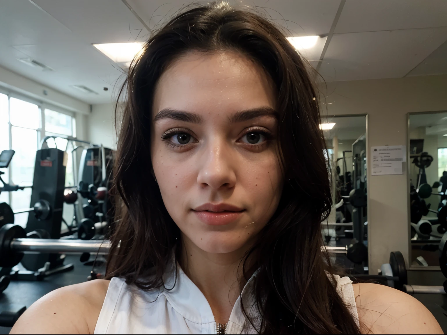 ((best quality)), ((masterpiece)), (detailed), perfect face , long black hair , half body , winter , gym , selfie photo