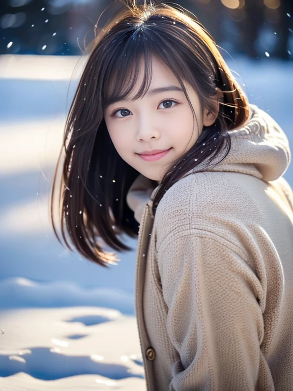 girl with, Snowy landscape, Winter wonderland, Cute and innocent look, rosy cheeks, Sparkling eyes, warm winter clothes, Poses in motion、footsteps in the snow, Falling snowflakes, Frosty tree, Snowy ground, soft snow texture, gentle and delicate lighting, Pastel color palette, dreamy ambiance, quirky and magical, A masterpiece of high resolution:1.2, Ultra-detailed, Realistic:1.37, Vivid colors, Bokeh、innocent smiles、Hair that flutters in the wind、Face Close-up、Rear view