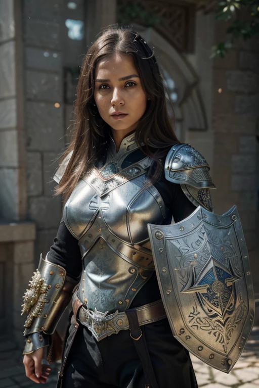 a close up of a woman in armor with a sword, stunning armor, wearing fantasy armor, very stylish fantasy armor, gold heavy armor. dramatic, beautiful armor, fantasy armor, black and gold armor, gothic armor, wearing ornate armor, intricate armour costumes, female armor, ornate gothic armor, ornate , wearing louis vuitton armor, girl in knight armor