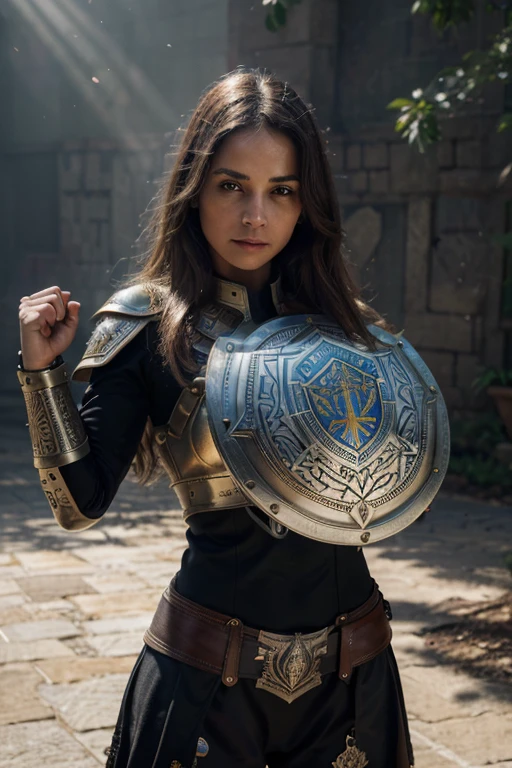 a girl holding a shield,metallic shield with intricate engravings,detailed shield with ornate patterns,durable shield made of steel,embellished shield with gemstones,vibrantly colored shield with a crest,reflection of the surroundings on the shield,well-worn shield with battle scars,shield shining under the sunlight,strong grip on the shield,focused and determined expression on the girl's face,(best quality,4k,8k,highres,masterpiece:1.2),ultra-detailed,realistic:1.37,HDR,UHD,studio lighting,sharp focus,professional,concept artists,metallic colors and tones,illumination from the sunlight
