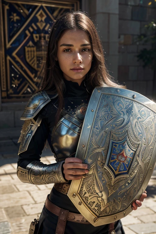 a girl holding a shield,metallic shield with intricate engravings,detailed shield with ornate patterns,durable shield made of steel,embellished shield with gemstones,vibrantly colored shield with a crest,reflection of the surroundings on the shield,well-worn shield with battle scars,shield shining under the sunlight,strong grip on the shield,focused and determined expression on the girl's face,(best quality,4k,8k,highres,masterpiece:1.2),ultra-detailed,realistic:1.37,HDR,UHD,studio lighting,sharp focus,professional,concept artists,metallic colors and tones,illumination from the sunlight