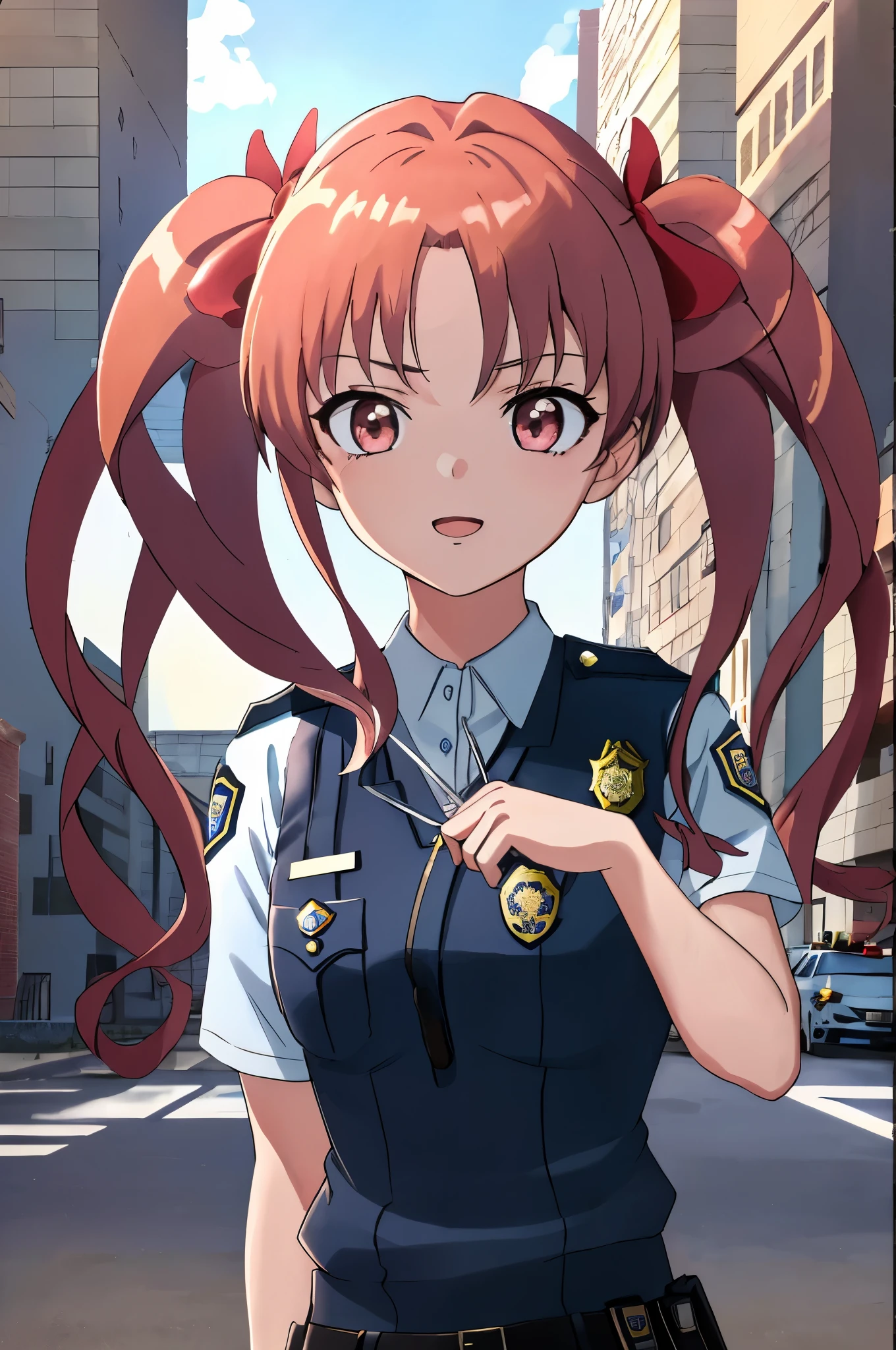 masterpiece, highest quality, 8K, 超High resolution, highest quality, anime style, best writing, beautiful face, masterpiece, highest quality, High resolution, 1 hair ribbon for girls, woman, (Police officer:1.2), Dark blue uniform, long sleeve, nervous face, In front of the station, police station, saluting, (upper body:1.3)