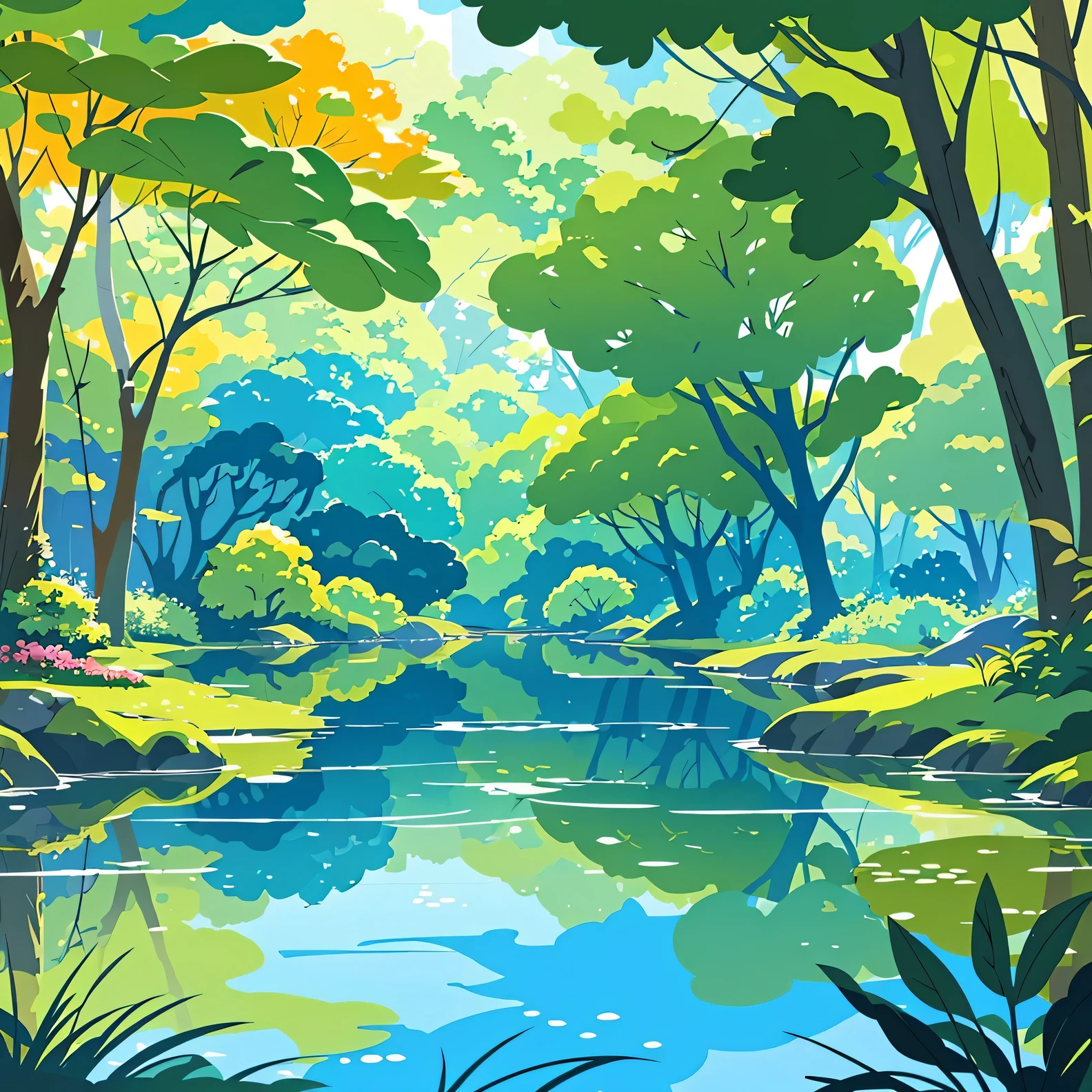 a peaceful river surrounded by dense woods, vibrant and bright colors, shining sunlight reflecting on the water, lush greenery, colorful flowers blooming along the riverbank, birds chirping happily, a serene and tranquil atmosphere, vivid and lively scenery, a sense of harmony and beauty [best quality,highres,ultra-detailed,realistic:1.2], oil painting, impressionistic style, warm and vibrant color palette, soft and natural lighting