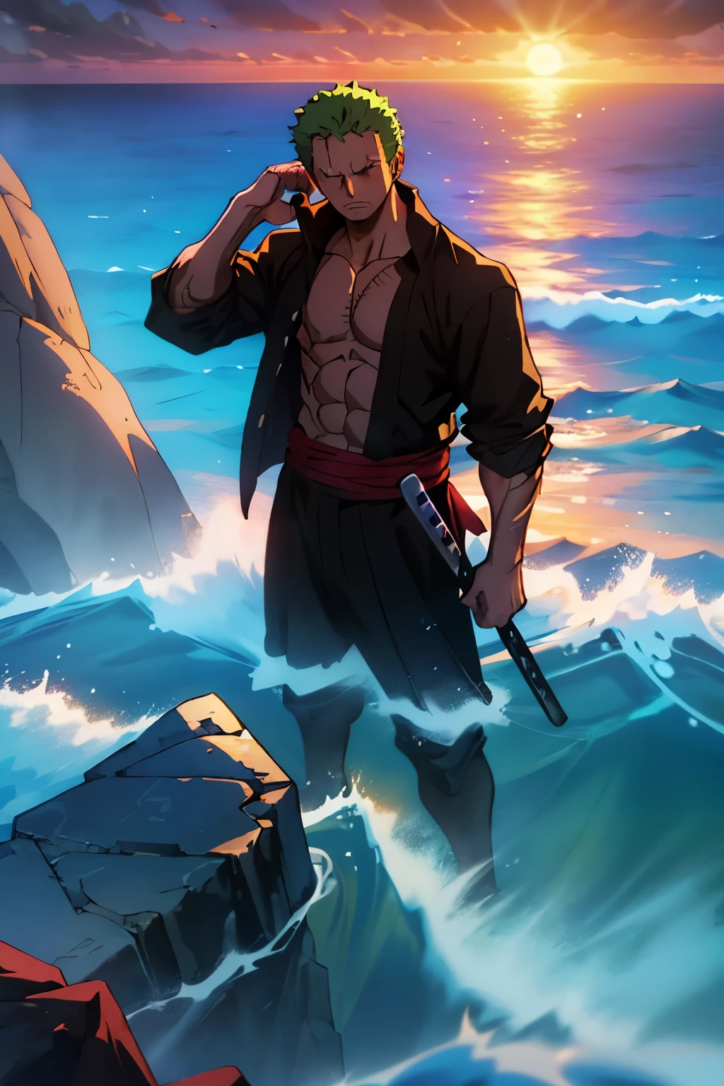 (Masterpiece, 4k, 8K, high resolution: 1.2), Zoro from One Piece, standing atop a cliff overlooking a stormy sea, with a determined expression on his face. He is wielding five sharp swords in each hand, two in the right and three in the left, their edges glinting ominously in the dim light. His straw hat is blown back by the wind, and his muscular body is drenched from head to toe. The waves crash against the rocks below him, creating a sense of both power and danger. The setting sun casts long, ominous shadows, adding to the dramatic atmosphere.