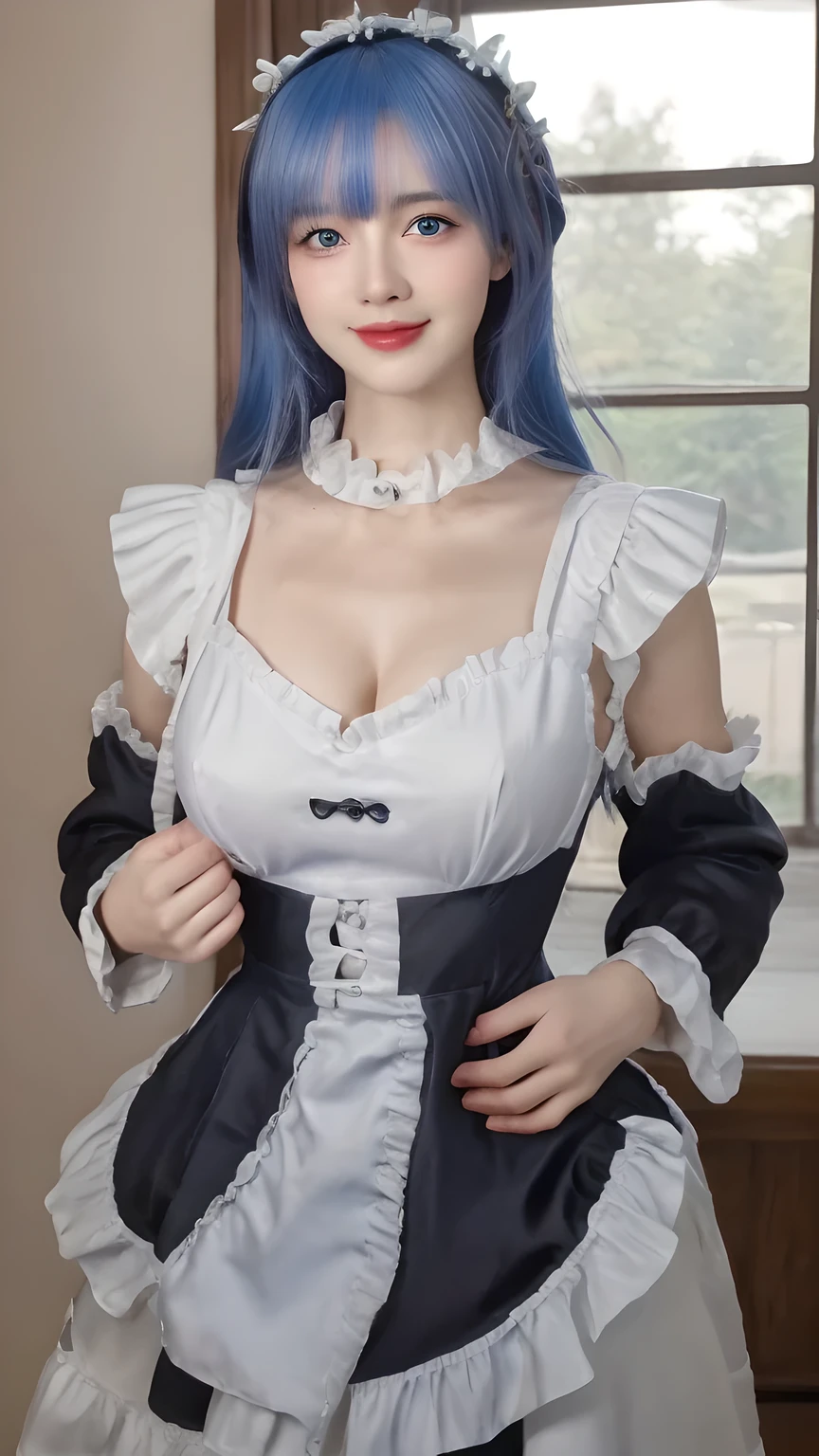 (masterpiece:1.2),best quality,high resolution,unity 8k wallpaper,(illustration:1),perfect lighting,extremely detailed CG, finely detail,extremely detailed,soft lighting and shadow,soft yet striking lighting,film grain:1.2,(skin pores:1.2),(detailed skin texture:1),((solo:1.5)),Detailed face,(see-through:1.1),misty,Low Key:1.1,depth of field, 1girl, solo, rem/maid, dress, maid dress, detached sleeves, bangs, long hair, volume hairs, shiny hairs, realistic hair, blue eyes, hair ornament, blue hair, shiny white skin, slim, small waist, slender, blurry background, mansion interior, lighting from window, blurry, realistic, looking at viewer, body pose, front view, medium breast, full breast, 3/4 body, georgeous face, thick make up, cute smile, flashing bit of cleavage, both hands behind back
